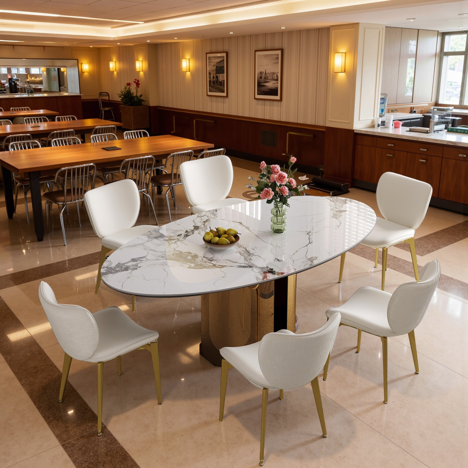 Oval Sintered Stone Dining Table With 6 Chairs - Brown / White - Image 2