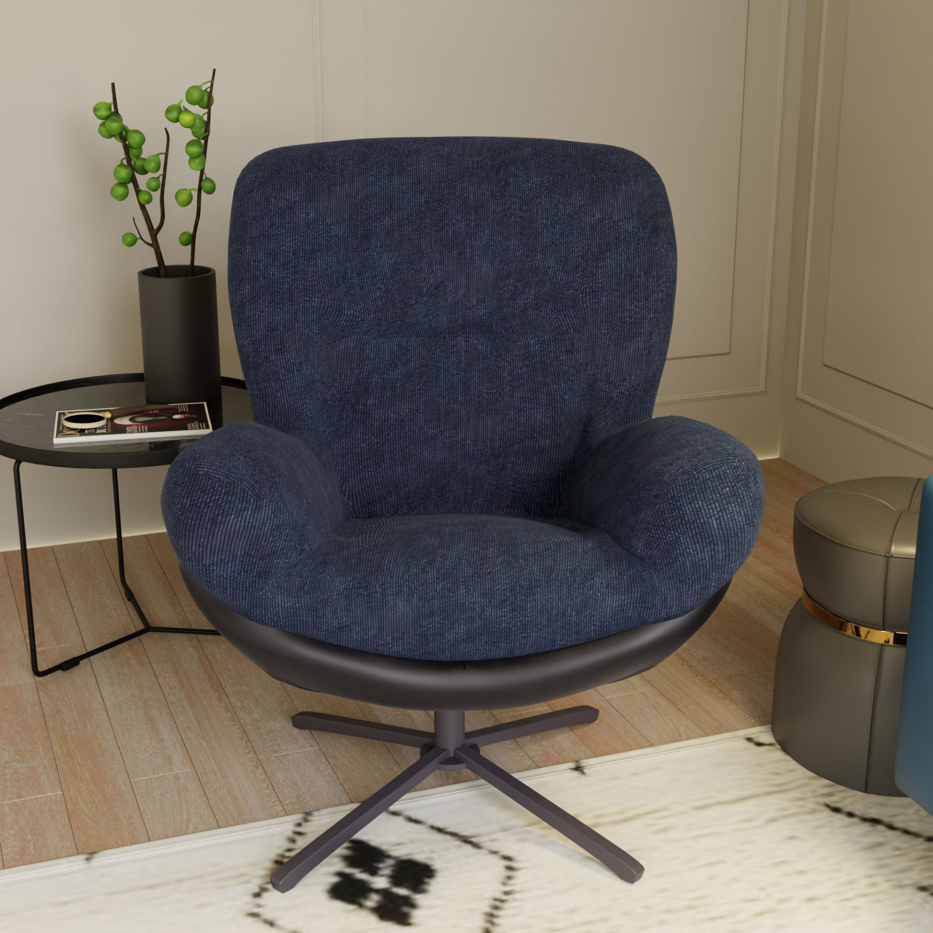 360° Swivel Office Chair, Modern Chenille Chair With And Metal Base Frame, No Wheels, Accent Chair - Dark Blue - Image 6