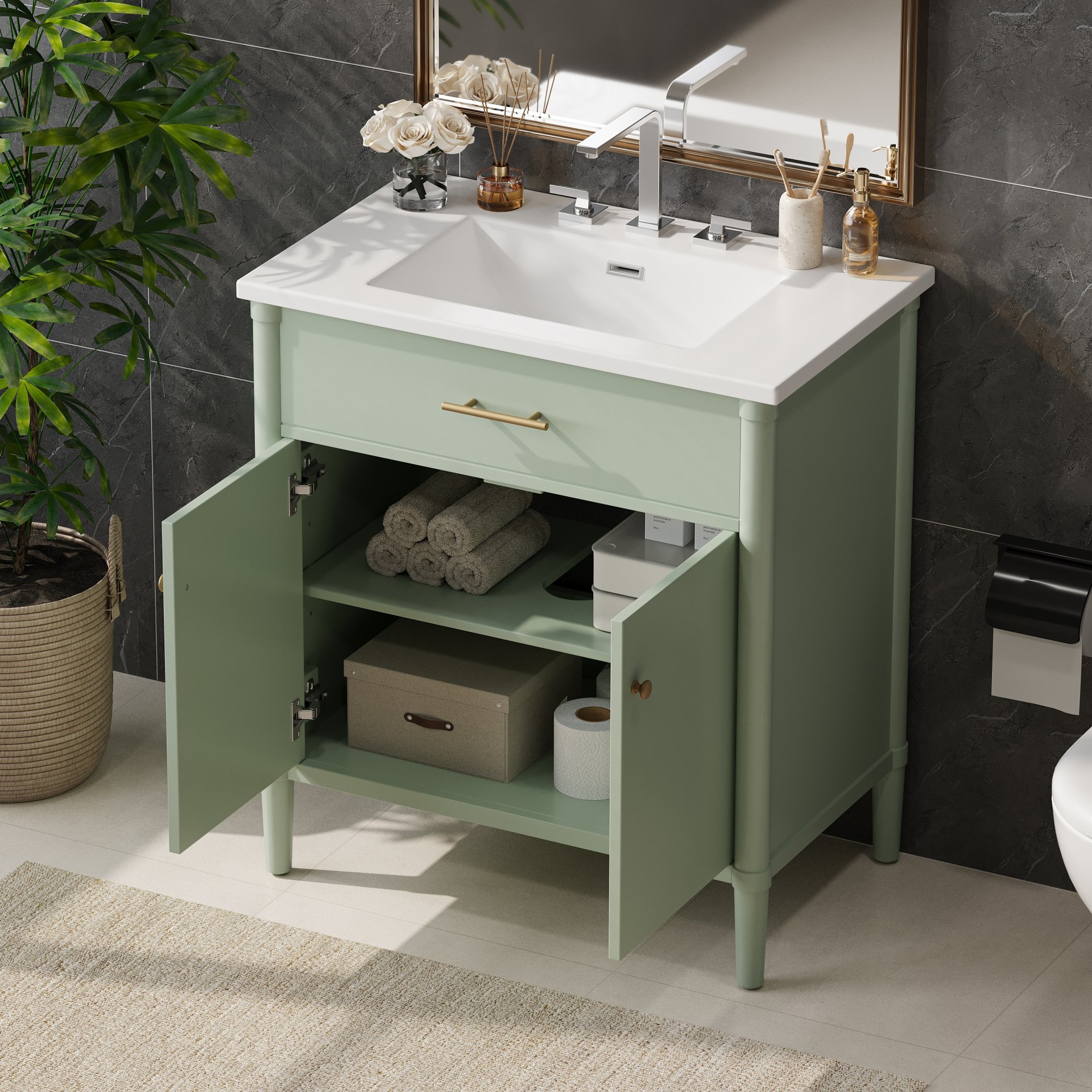 Bathroom Vanity With Sink, Soft Close Doors And Adjustable Shelf, Curved Profile Design - Green - Image 5