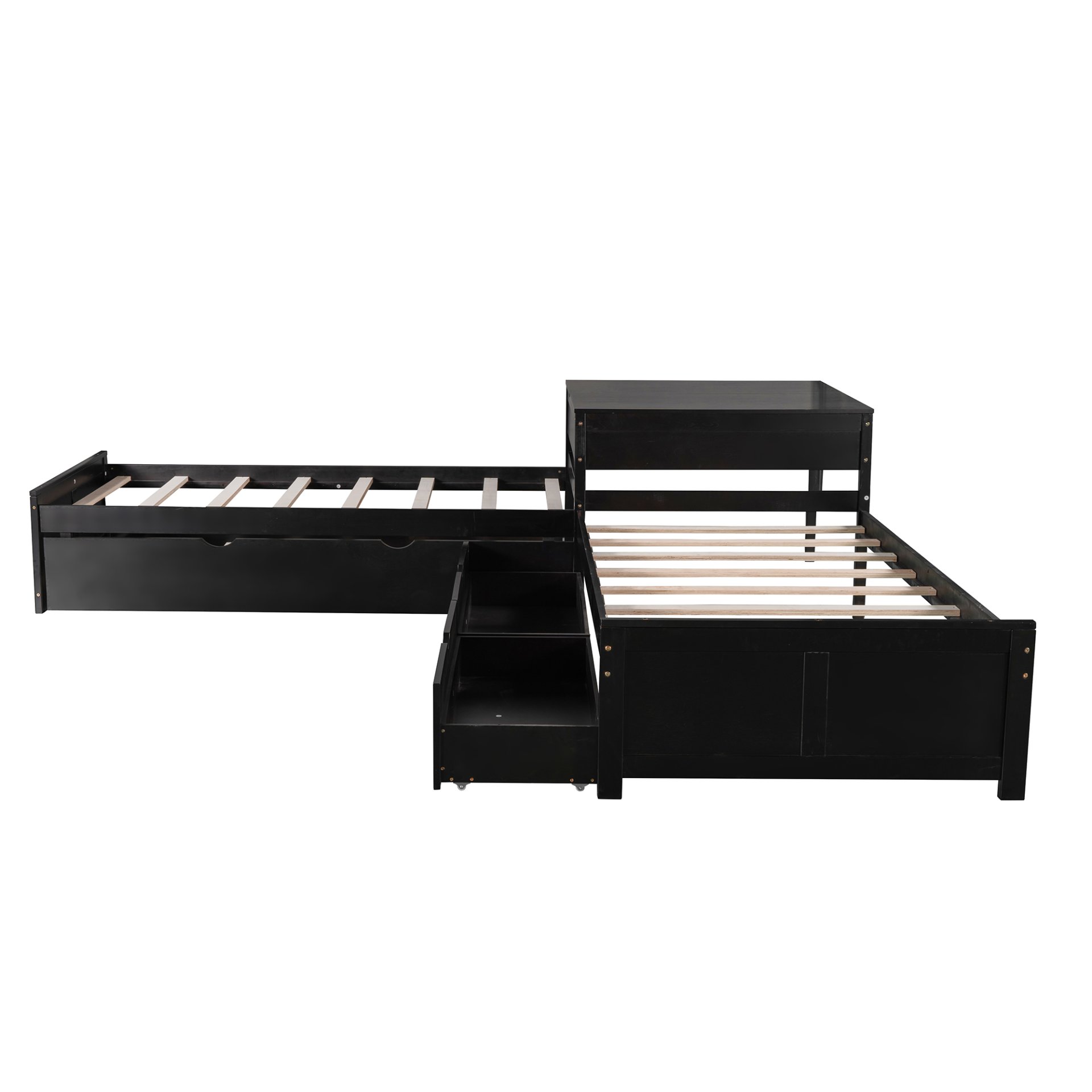 L-Shaped Platform Bed With Trundle And Drawers Linked With Built In Desk, Twin - Espresso - Image 6