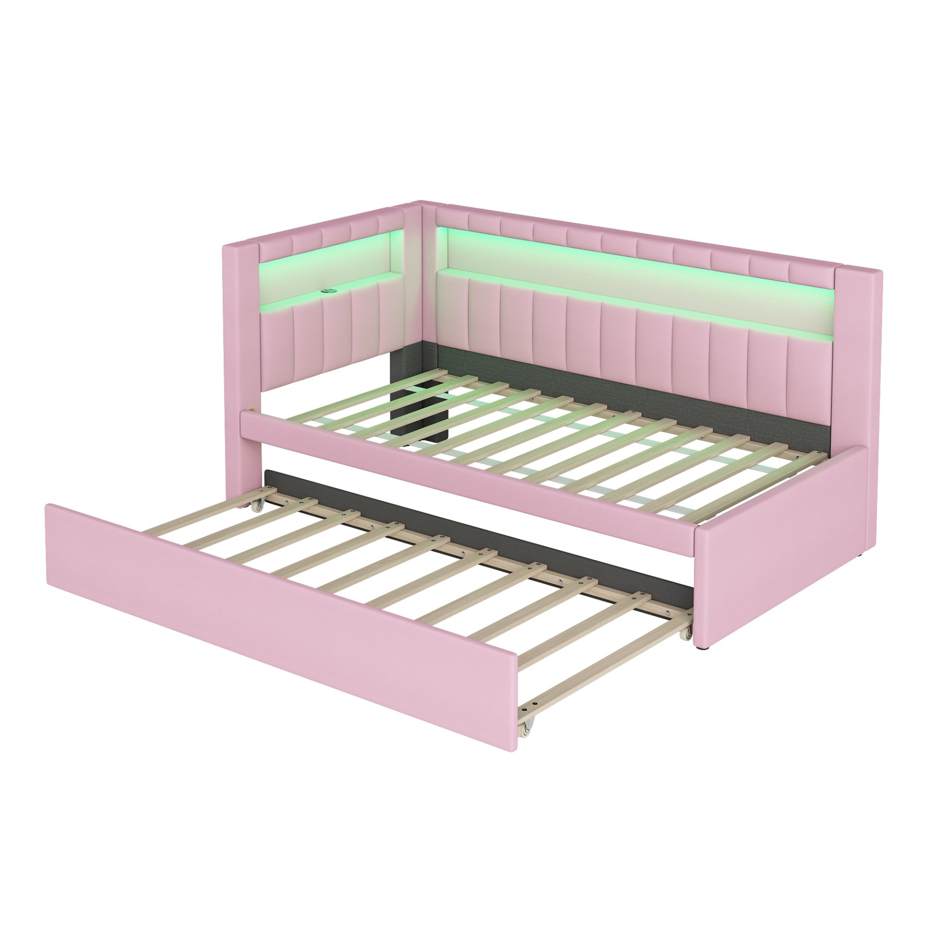 Twin Upholstered Platform Bed With USB Ports And LED Belt, Includes Trundle - Pink - Image 9