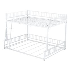 Full Long Over Queen Bunk Bed Frame With Ladder And Safety Guardrails - White
