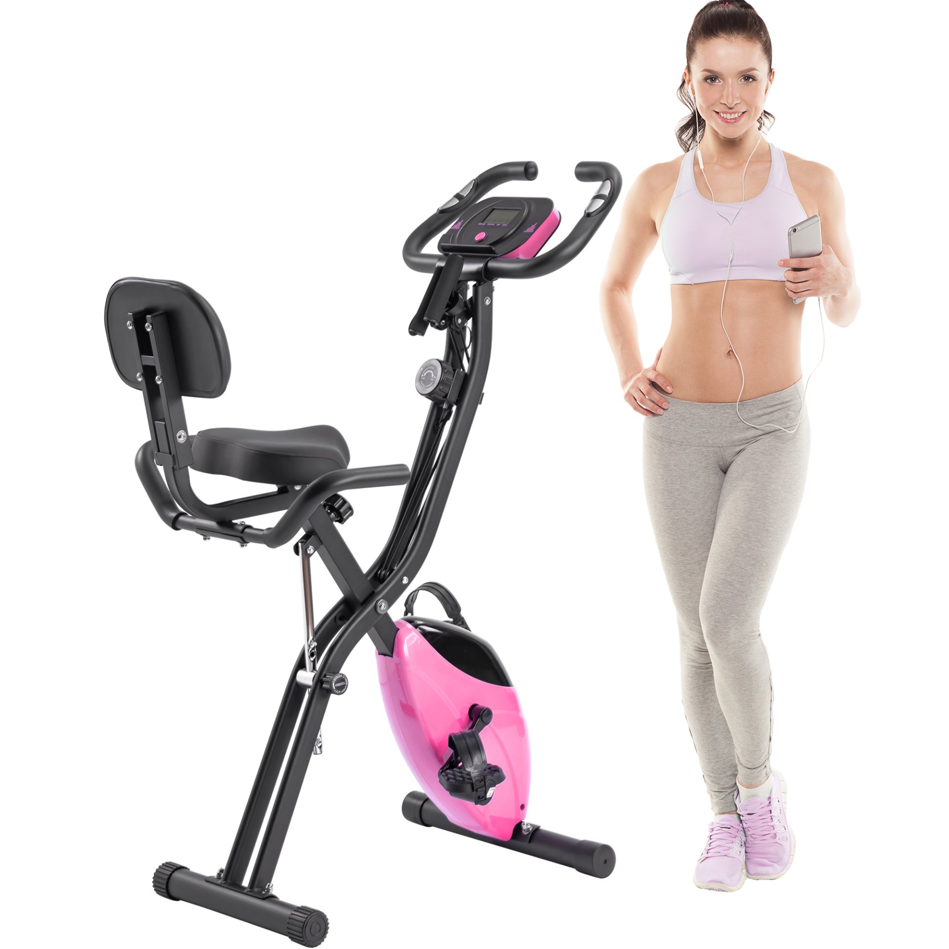 Workout Bikes, Folding Stationary For Home With 16 Level Magnetic Resistance, Indoor Exercise Equipment With Heart Rate Sensor & LCD Monitor - Pink - Image 4