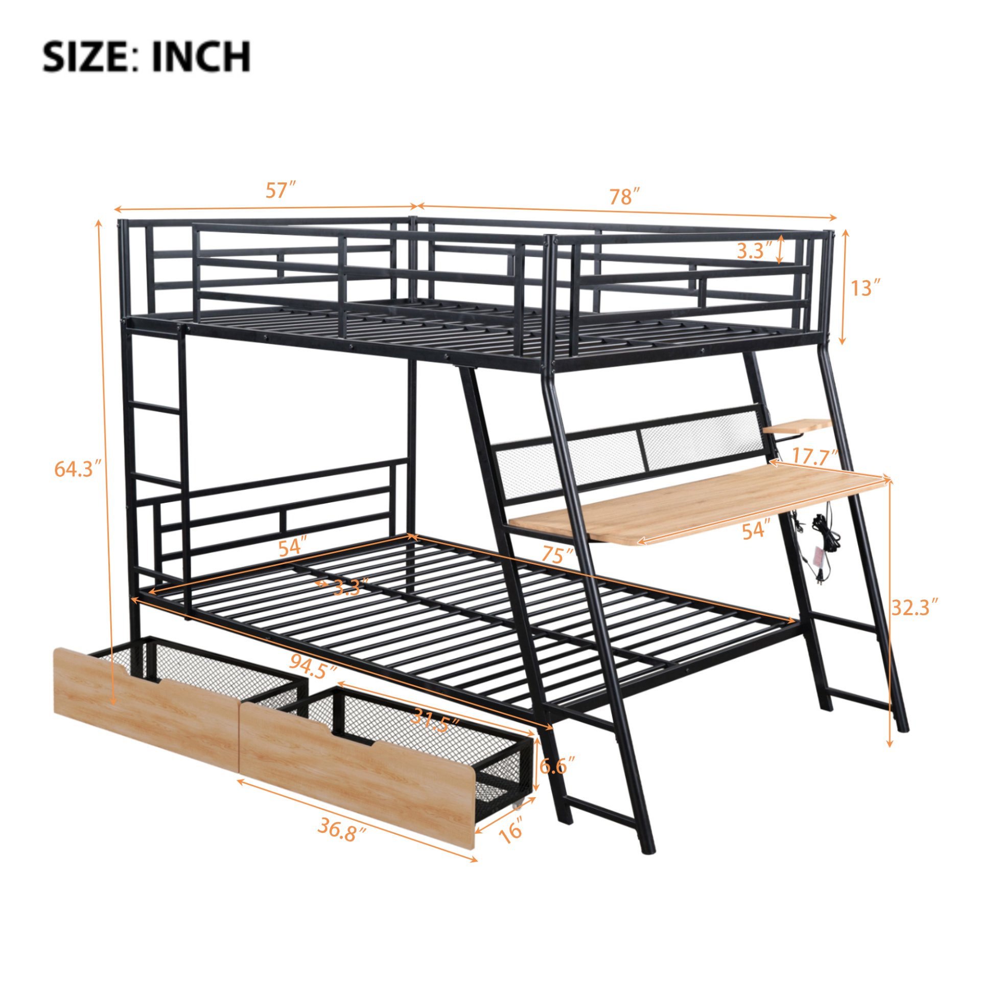 Full Size Bunk Bed With Built In Desk, Light, And 2 Drawers - Black - Image 3