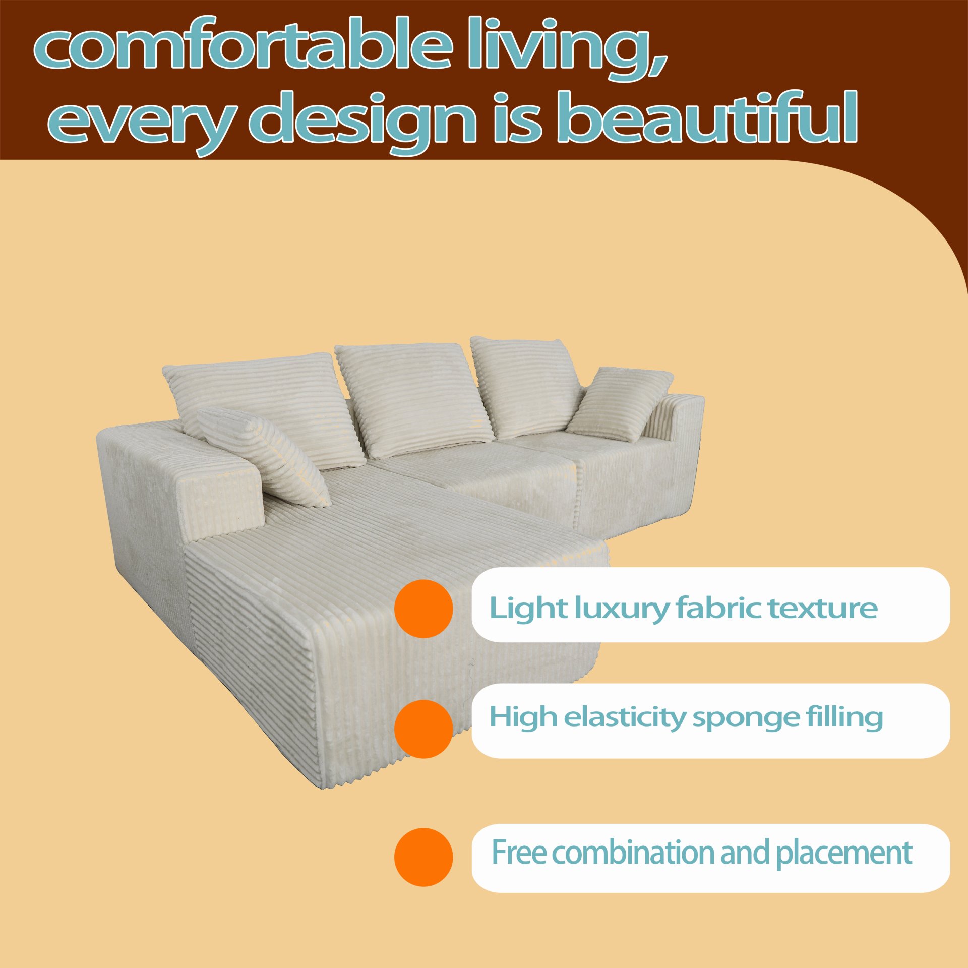 Corner Combination Sofa Sectional Couch, Modular Design For Flexible Living Spaces - Beige - Image 17