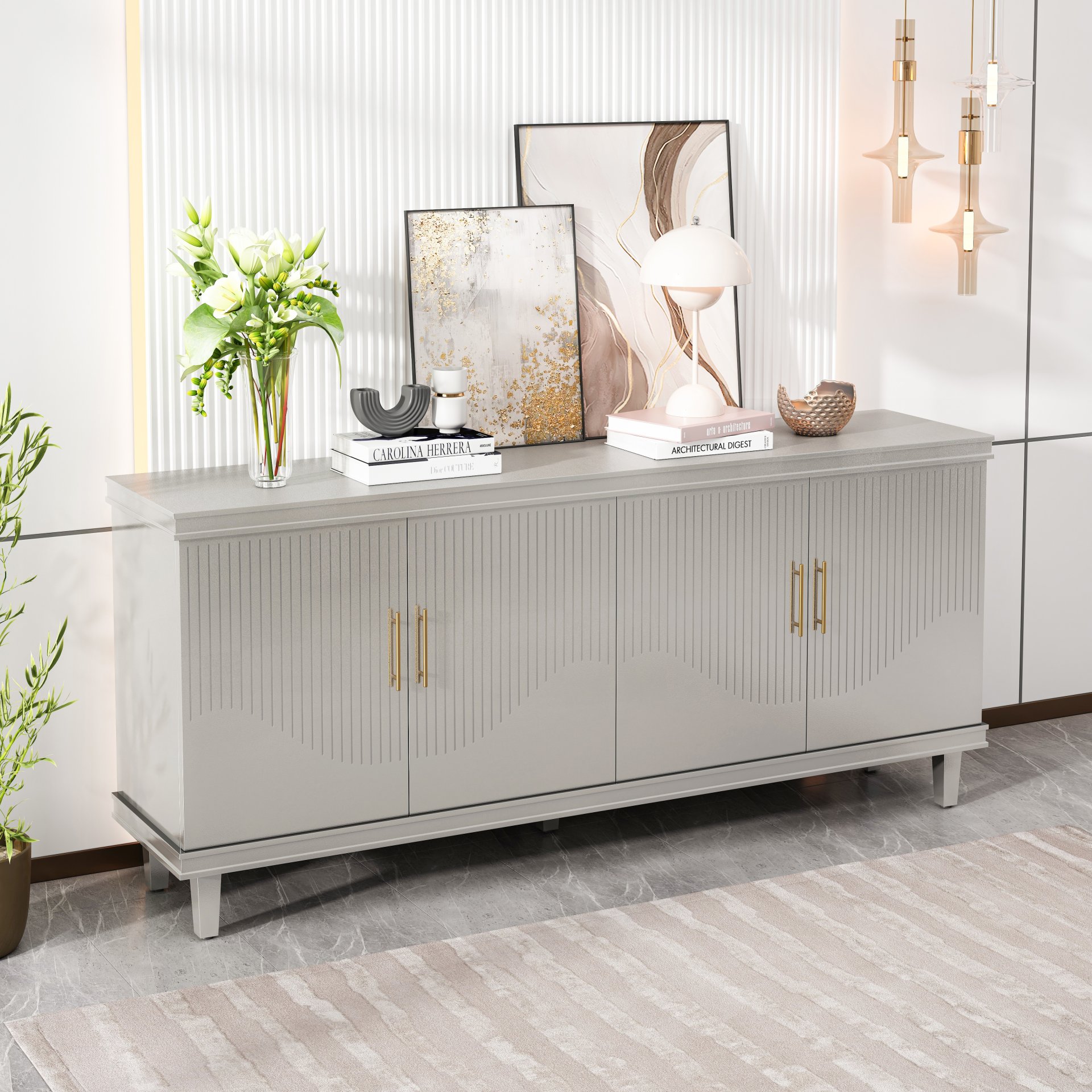 4 Door Cabinet With Adjustable Shelves, Large Storage For Living Room - Champagne - Image 4