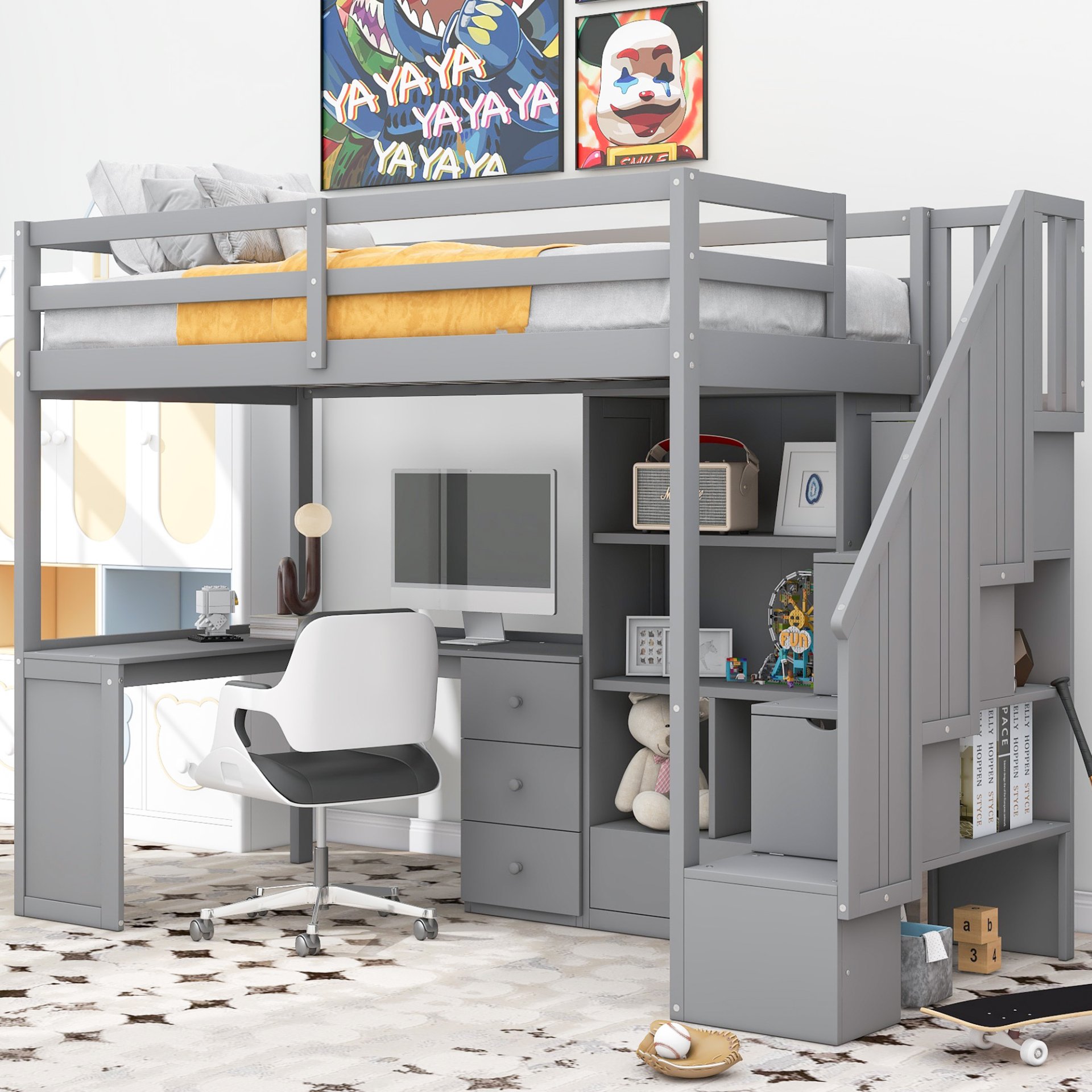 Twin Size Loft Bed With L-Shaped Desk, Drawers, Cabinet And Storage Staircase - Gray - Image 2