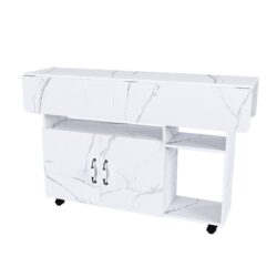 Multifunctional Folding Table With Storage Shelves And Wheels, Compact Desk For Kitchen - White