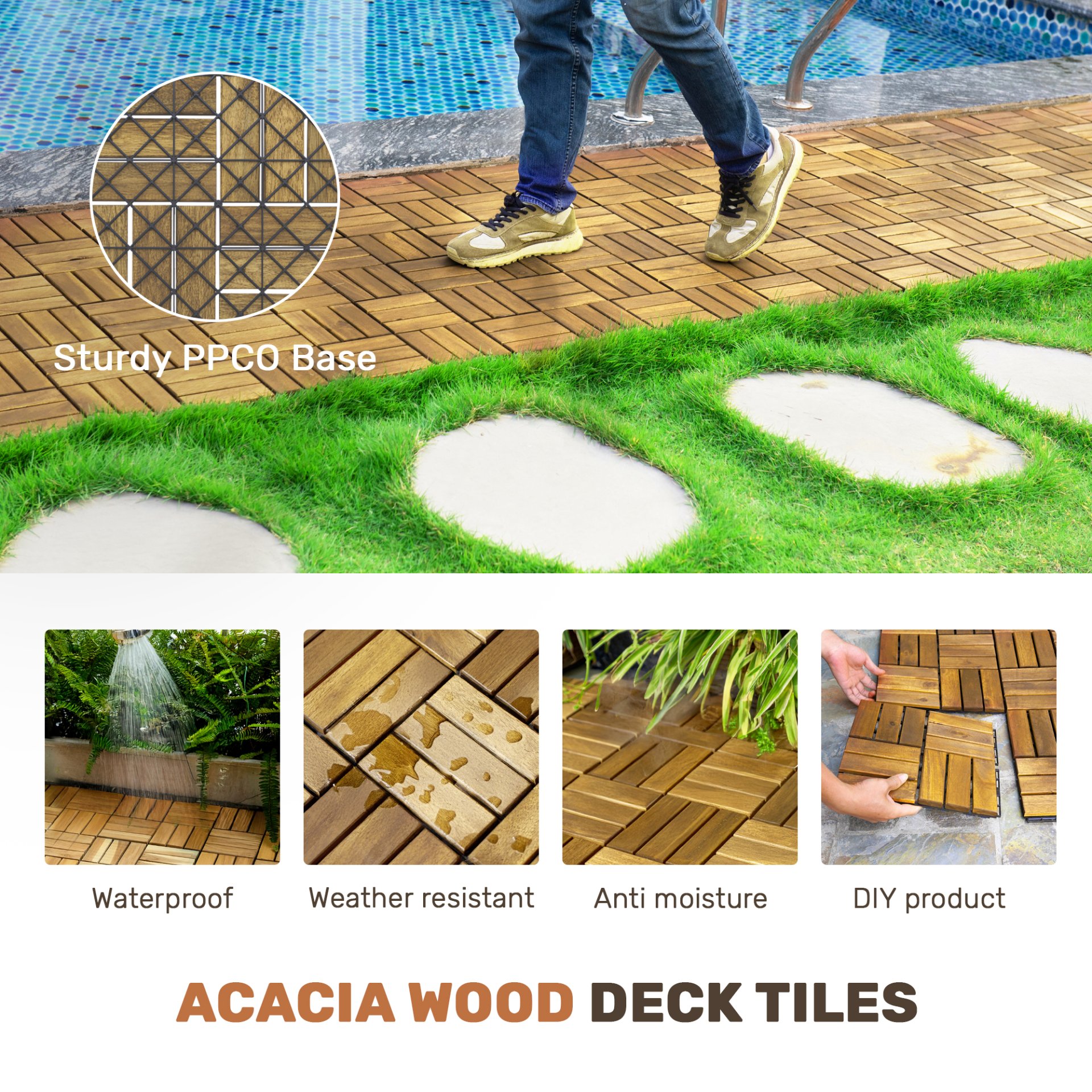 10 Piece Interlocking Deck Tiles Checker Pattern, Square Acacia Hardwood Outdoor Flooring For Patio, Bancony, Pool Side - Yellow - Image 28