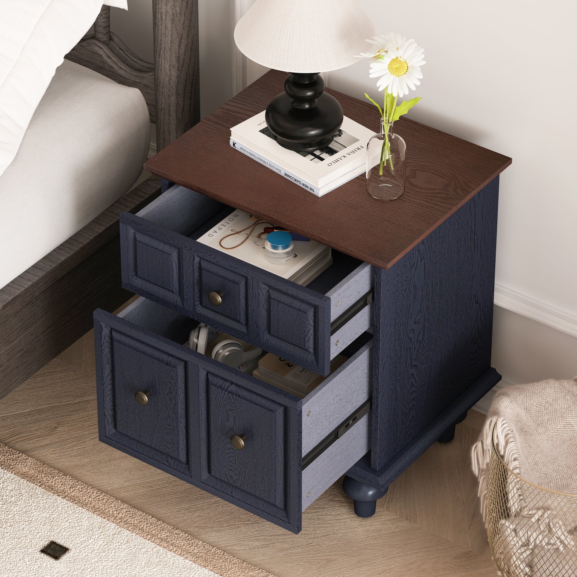 Nightstand With 2 Drawers And Roman Column Legs - Dark Blue - Image 2