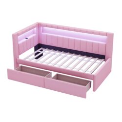 Twin Upholstered Platform Bed With USB Ports And LED Belt, 2 Drawers - Pink