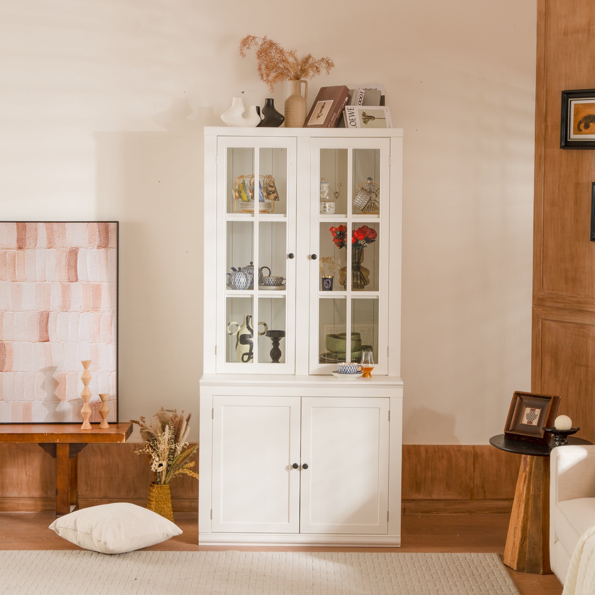 Retro Style Hutch Cabinet With Double Glass Doors, China Cabinet For Home, Office, Or Studio - White - Image 5