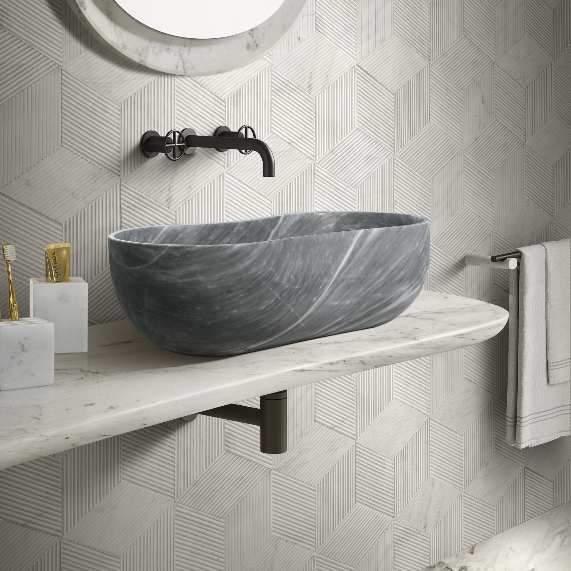 Bathroom Vessel Sink, Wavy Design, Semi Polished Surface - Gray - Image 5