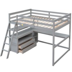 Full Size Loft Bed With Built In Desk, Shelves, And 2 Drawers - Gray