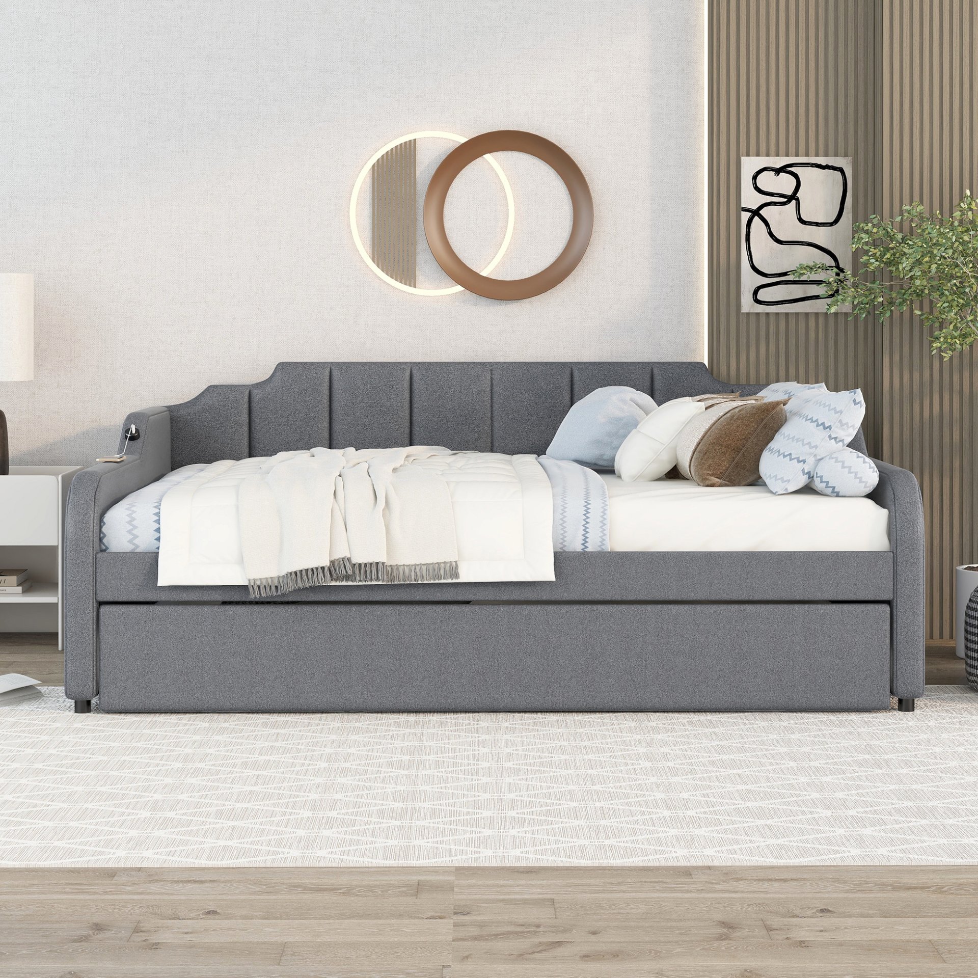 Full Size Upholstered Daybed With Trundle And USB Charging - Gray - Image 2
