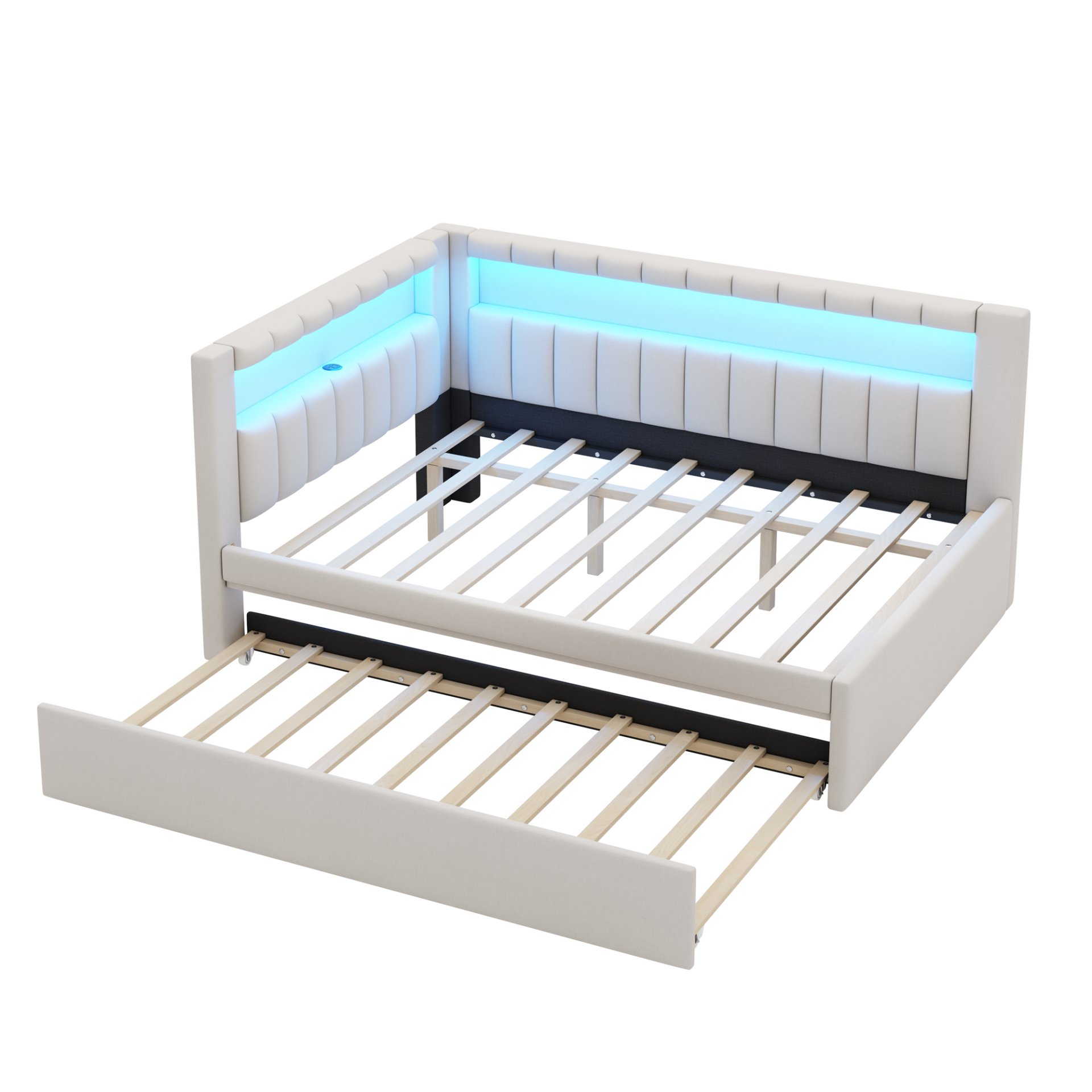 Full Size Upholstered Platform Bed With USB Ports, LED Belt And Trundle - White - Image 7