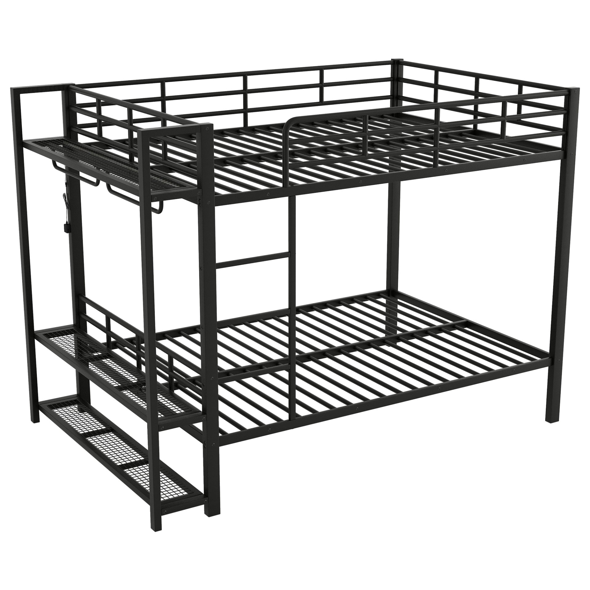 Full Size Bunk Bed With Storage Mesh Shelves, Clothes Hooks, LED Light - Black - Image 15