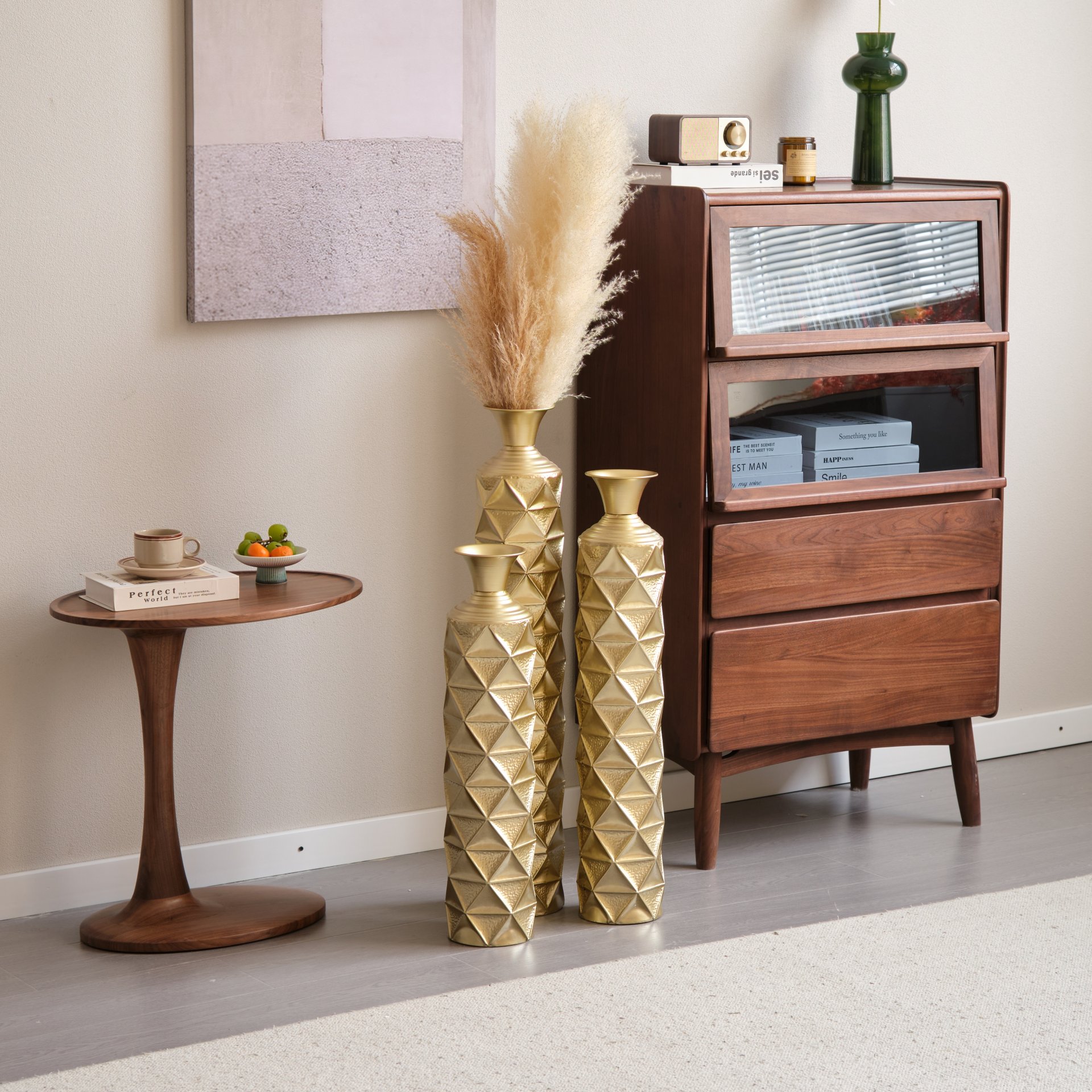 Metal Decorative Vase High Distress Metal Center Vase With 3D Triangle Pattern, (Set of 3) Vases For Home Decoration - Gold - Image 10