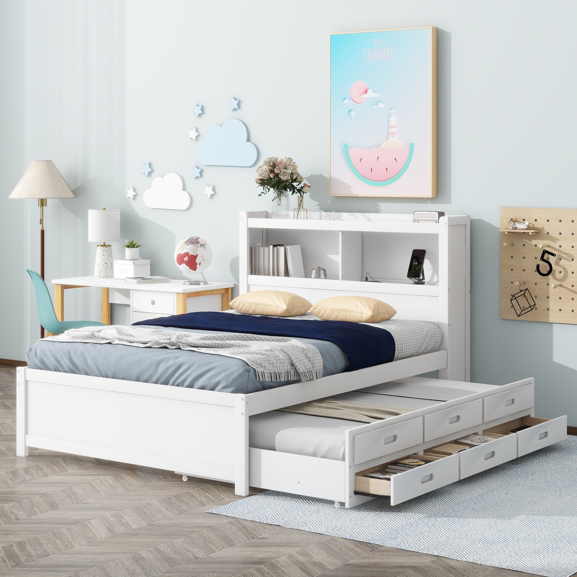 Full Size Platform Bed With Trundle, Drawers, USB Ports And Built In Shelves - White - Image 4