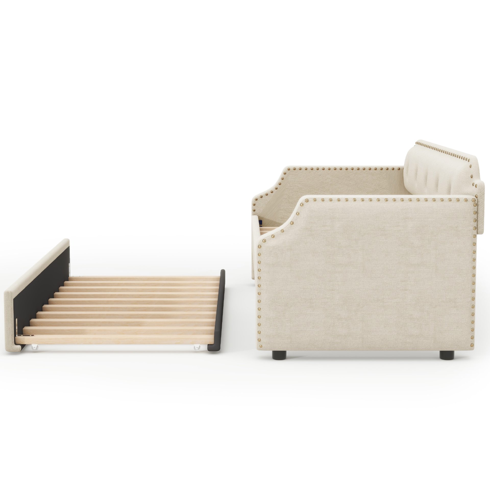 Upholstered Daybed With Trundle, Twin, Slat Support - Beige - Image 7