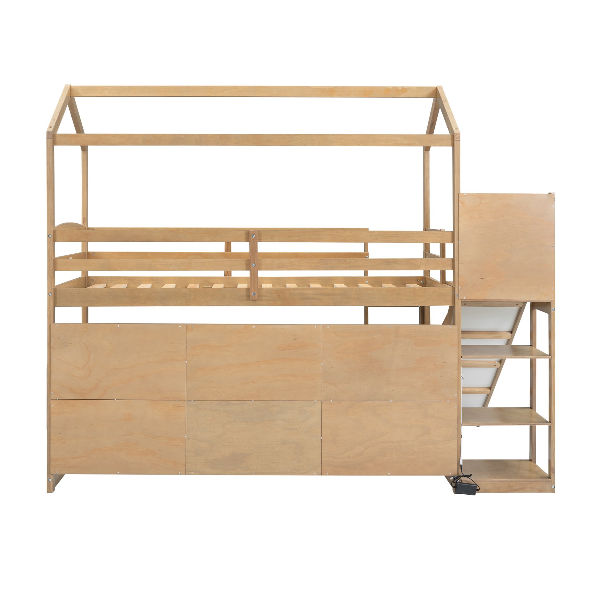 Twin Size House Loft Bed With Slide, Storage Shelves And Light, Climbing Ramp - Wood - Image 12