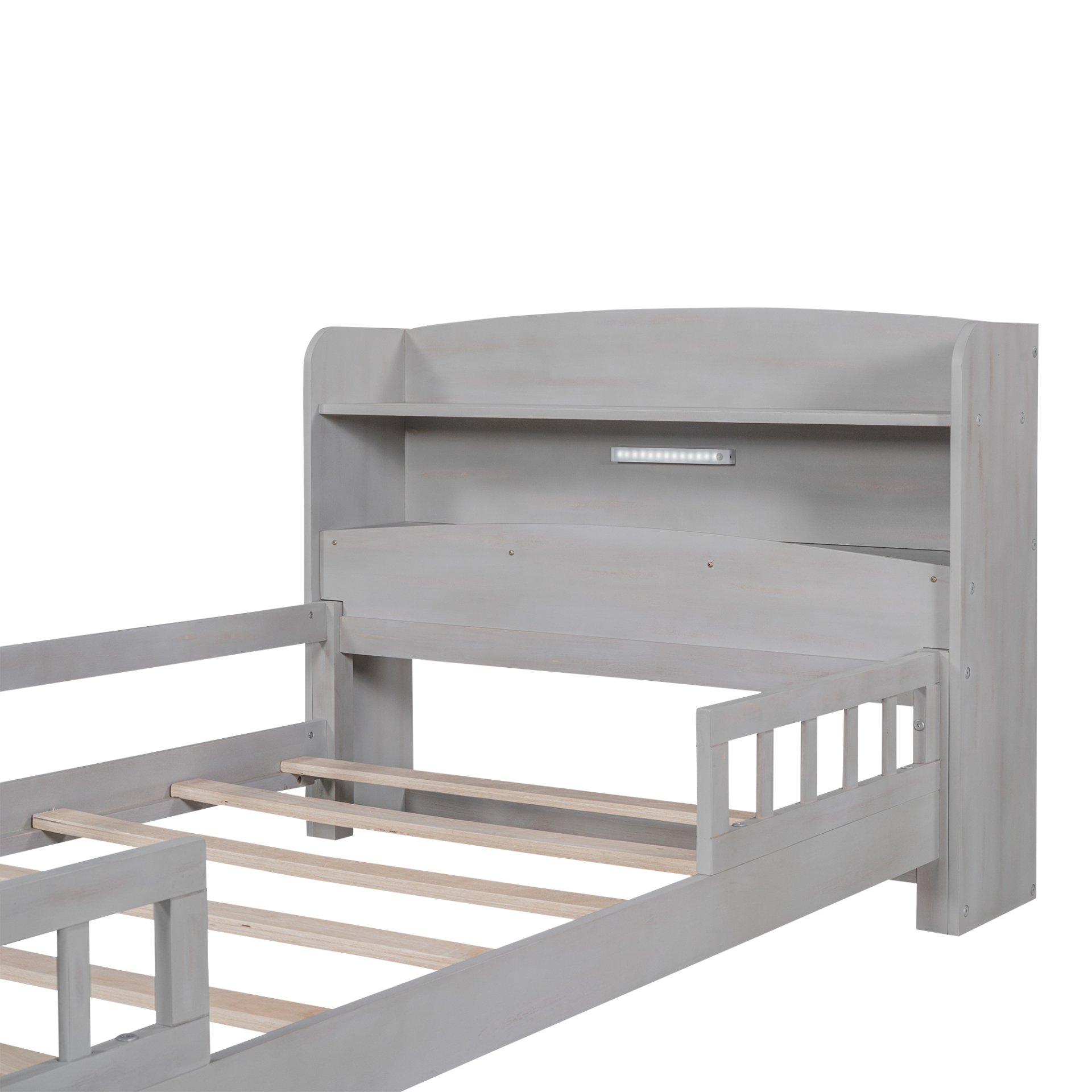 Twin Size Platform Bed With LED Light, Storage Headboard And Guardrail - Antique Gray - Image 9