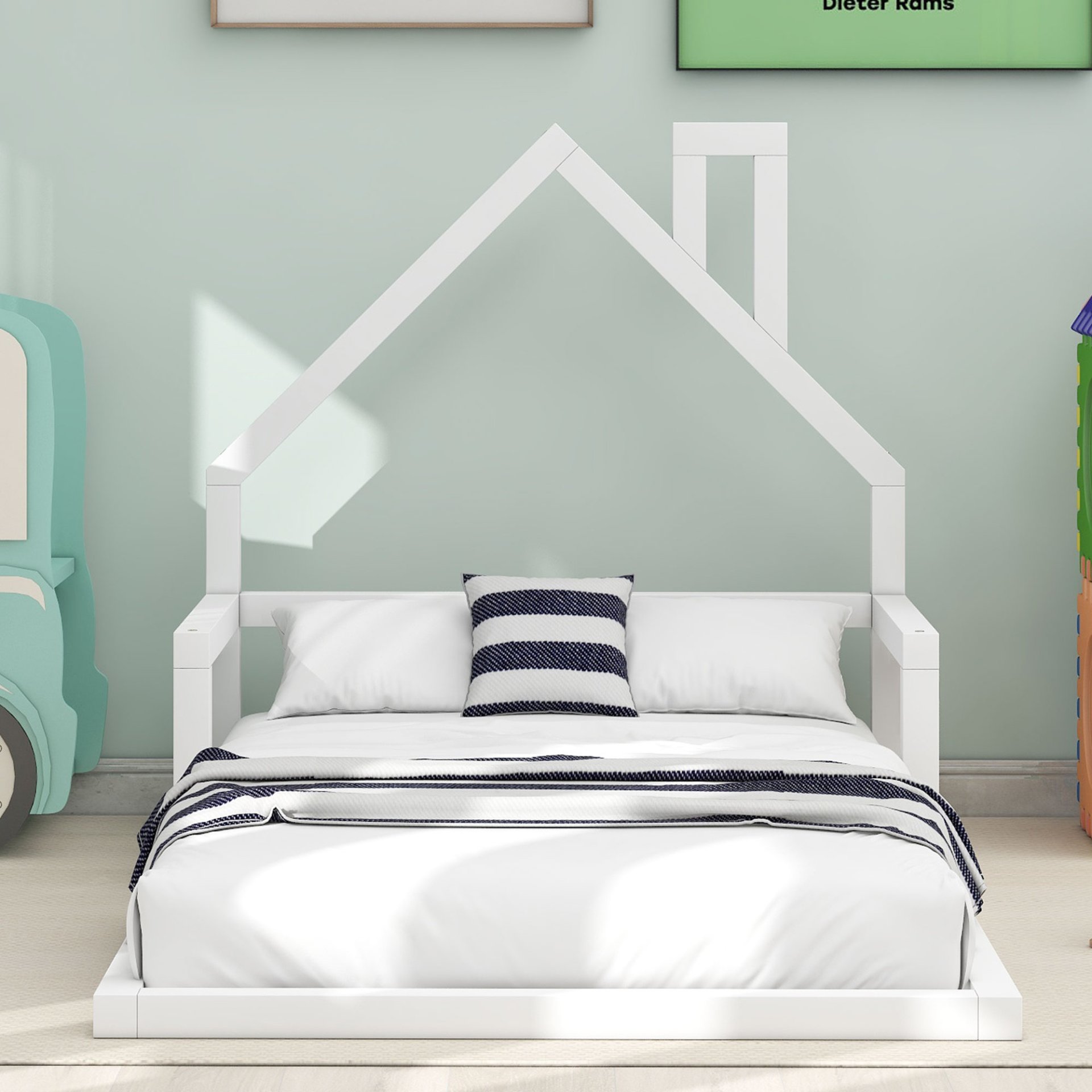 Twin Size Floor Bed With House Shaped Headboard - White - Image 5