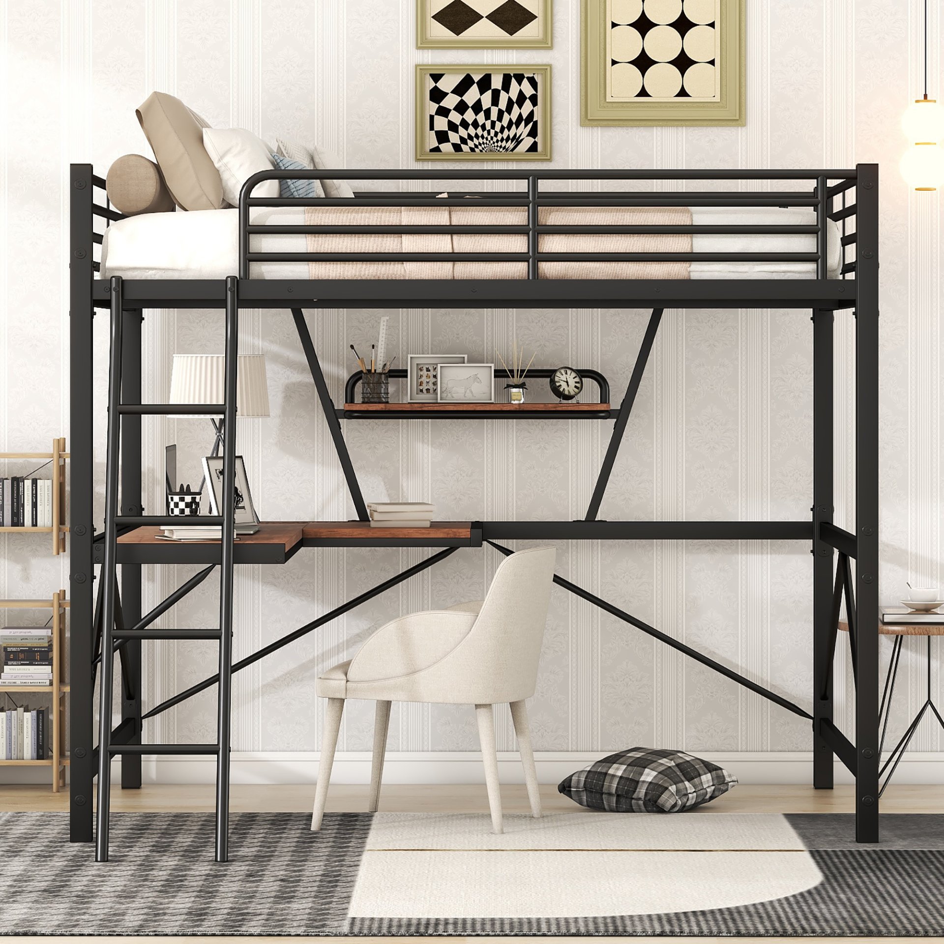 Full Size Loft Bed With Desk And Shelf - Black - Image 4