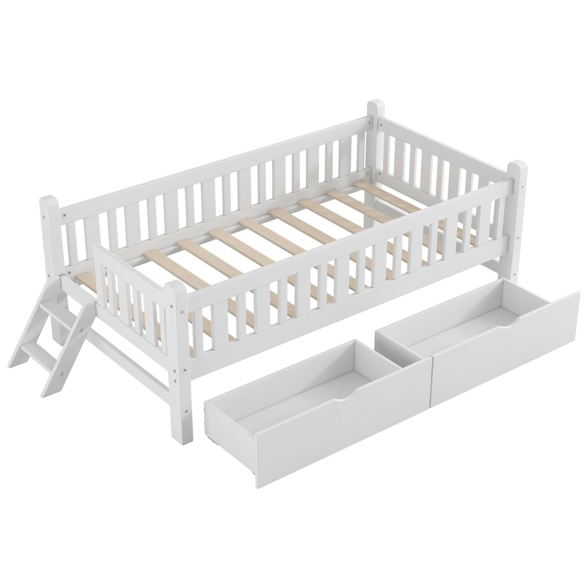 Twin Size Platform Bed With Guardrail And 2 Drawers - White - Image 7