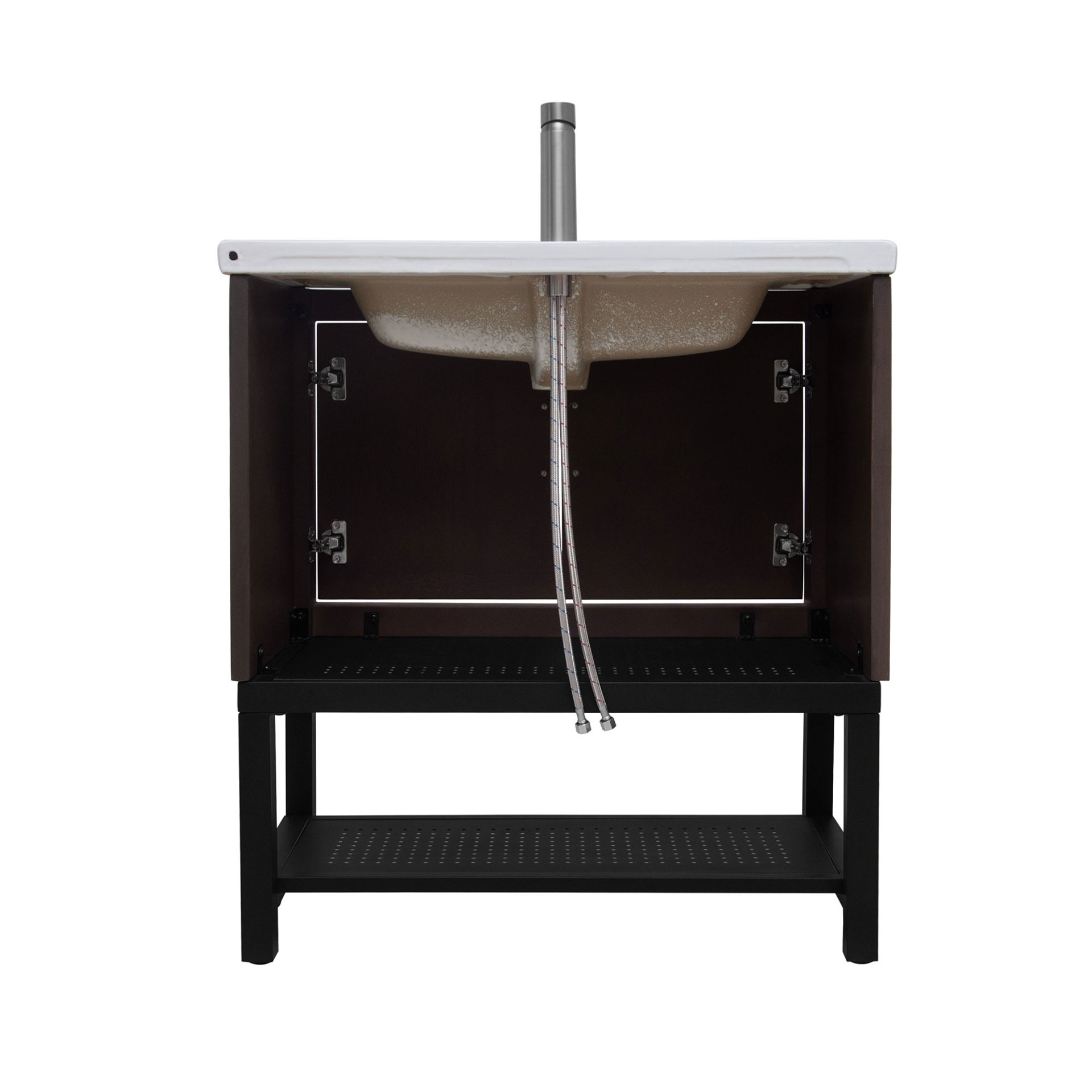 Modern Freestanding Bathroom Vanity With White Ceramic Sink, Hot And Cold Faucet, 2 Door Cabinet & Open Iron Shelf, Magnesium Oxide And Iron Frame - Walnut - Image 11
