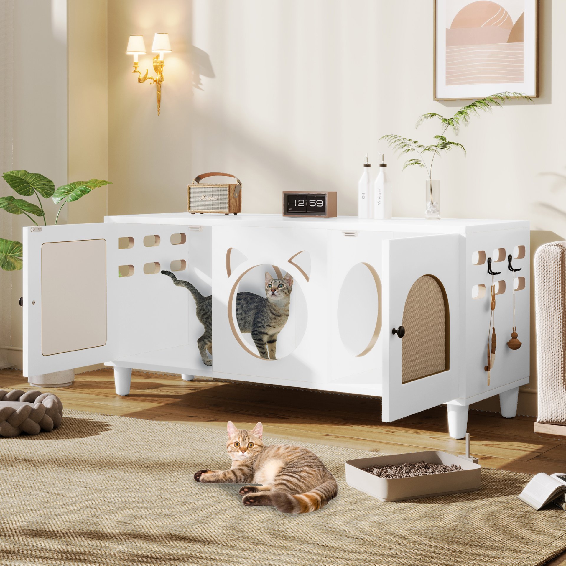 Furniture Style Cat Cabinet Cat Litter Box With Sisal Scratching Door - Cream White - Image 2