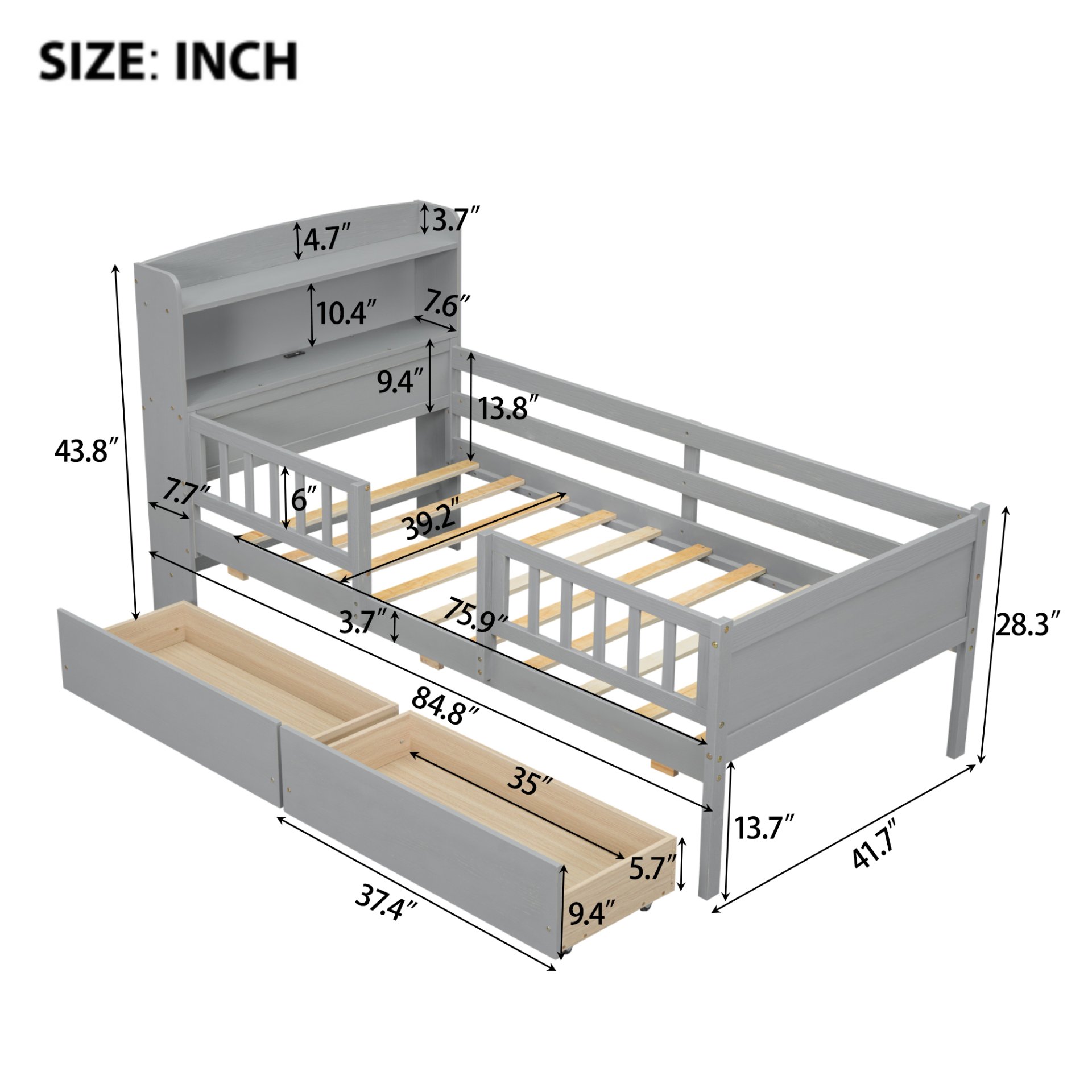 Twin Size Platform Bed With LED Light, Multi Functional Headboard, Guardrail And 2 Drawers - Gray - Image 3