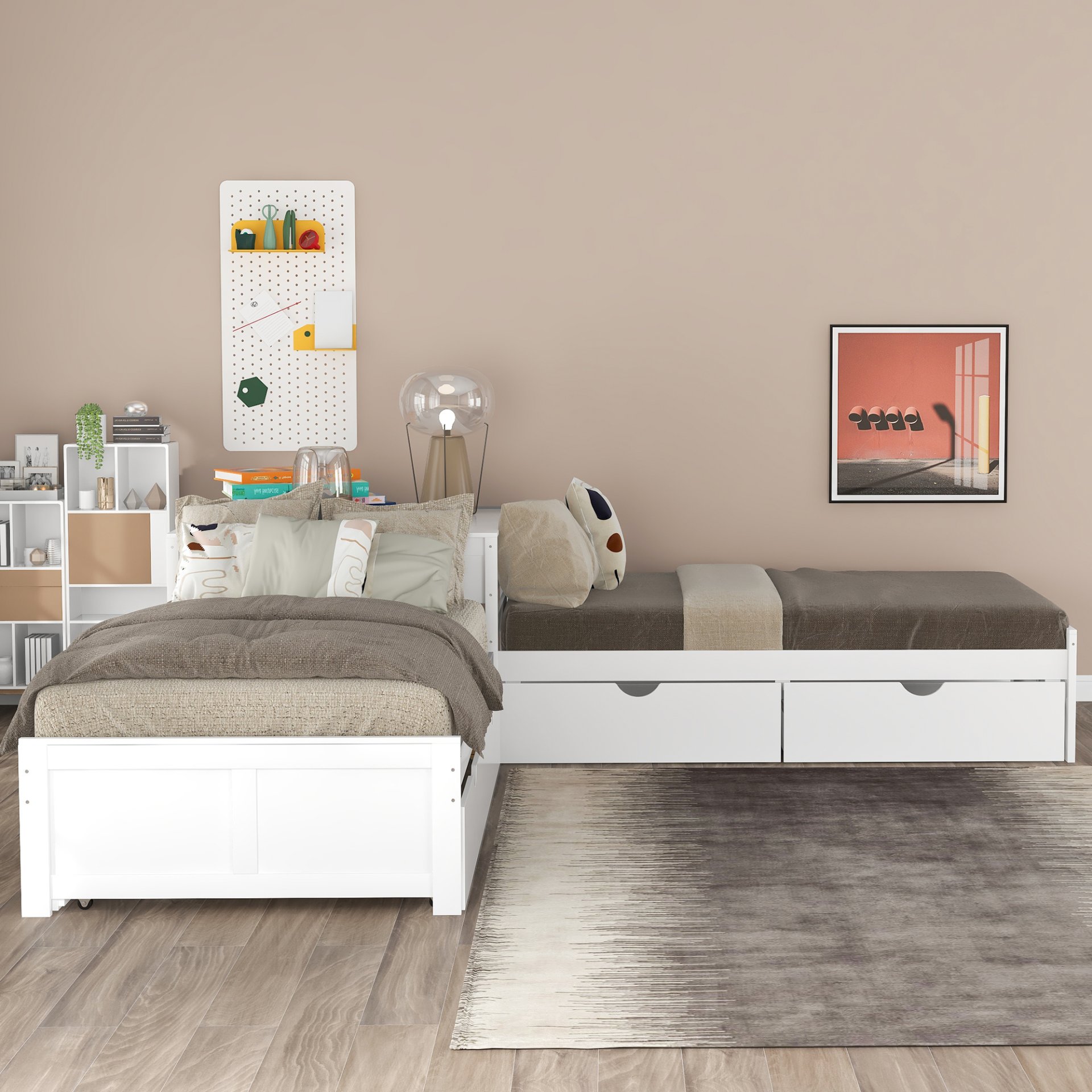 L-Shaped Platform Bed With Trundle And Drawers Linked With Built In Desk, Twin - White - Image 5