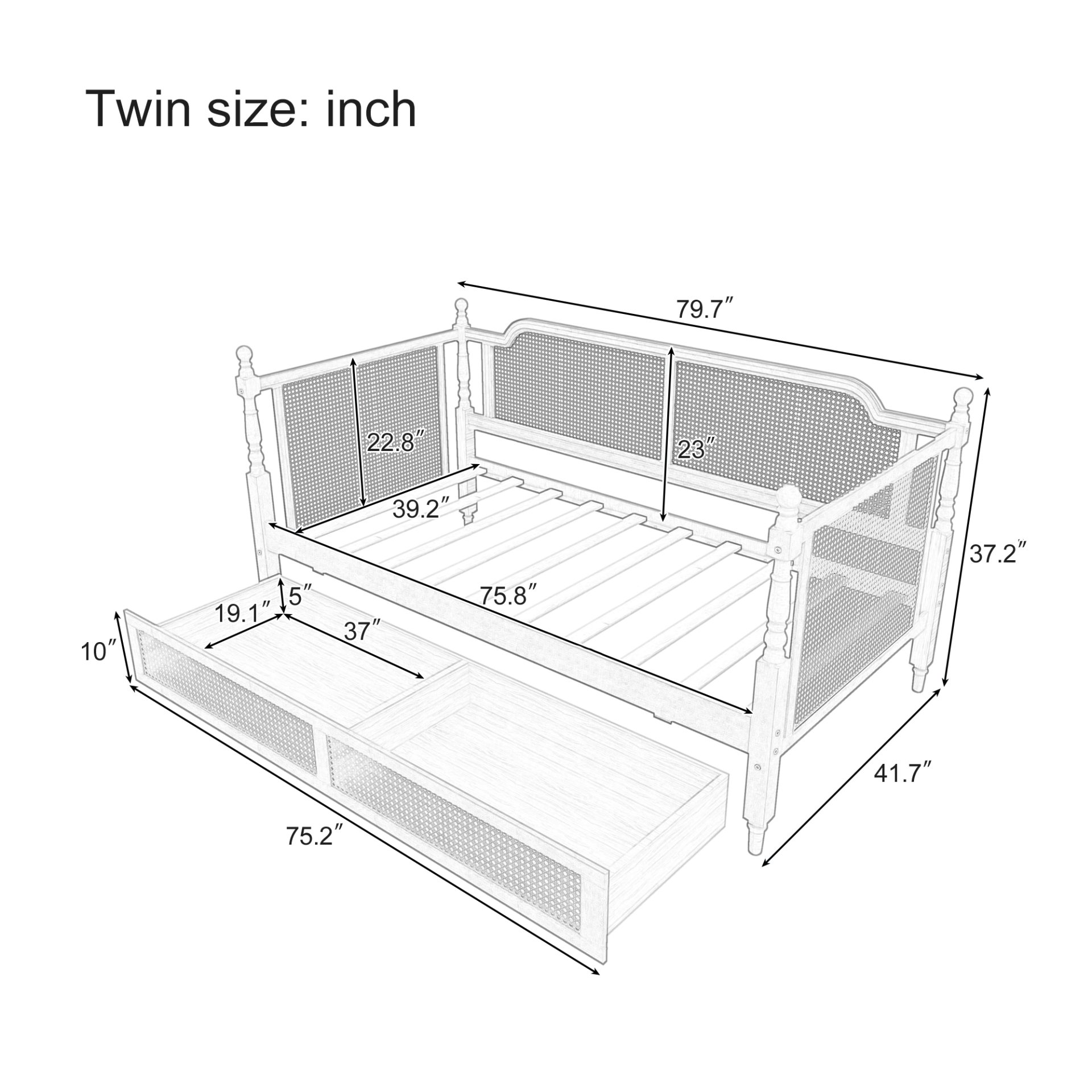 Traditional Style Rattan Twin Size Daybed With 2 Drawers For Limited Space, Guest Room, No Box Spring Needed - Antique White - Image 3