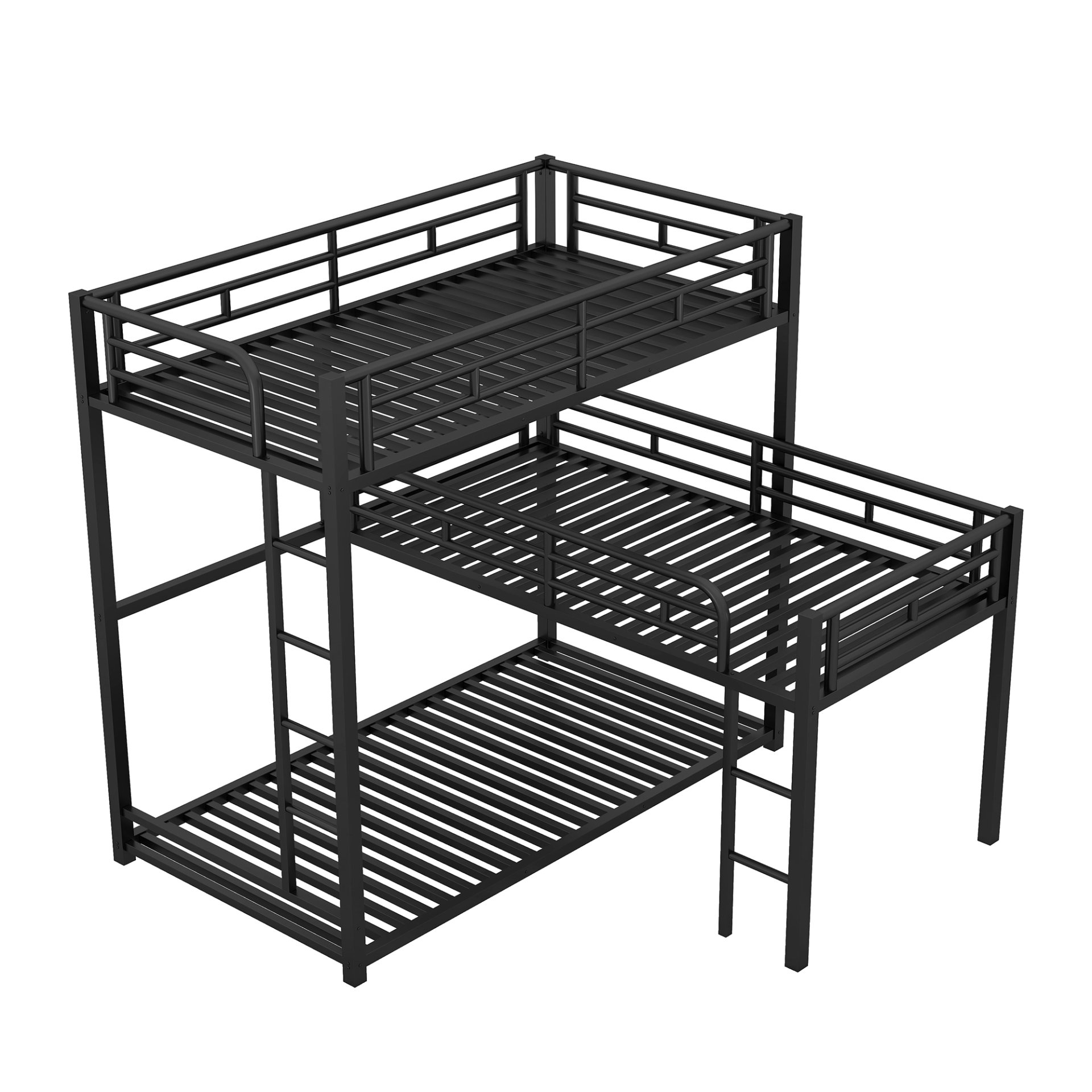 L-Shaped Triple Twin Size Bunk Bed, Industrial Design With Integrated Ladder And Full Length Guardrails - Black - Image 9