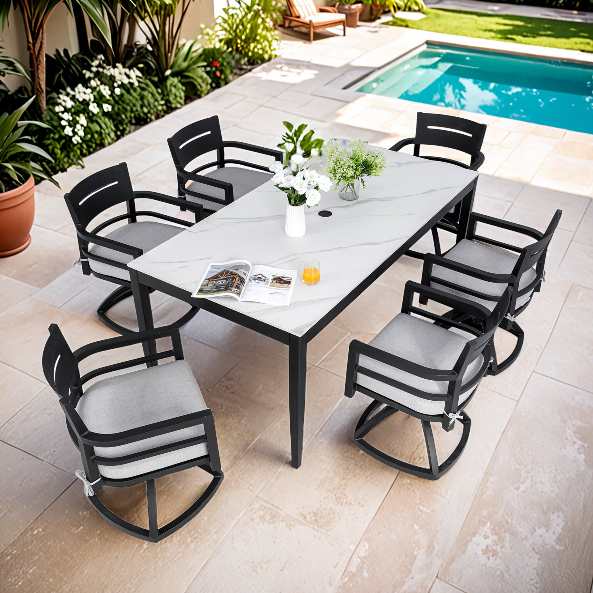 7 Piece Modern Outdoor Patio Dining Set With Table And Swivel Chairs Rockers With Sunbrella Cushions - Ember Black / White - Image 6