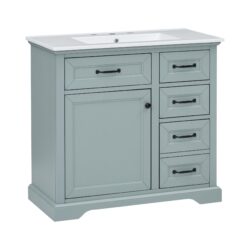 Bathroom Vanity With Ceramic Sink, Freestanding Design, 2 Tip Out Drawers, Soft Close Hinges - Gray