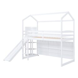 Twin Size House Loft Bed With Slide, Storage Shelves And Light, Climbing Ramp - White
