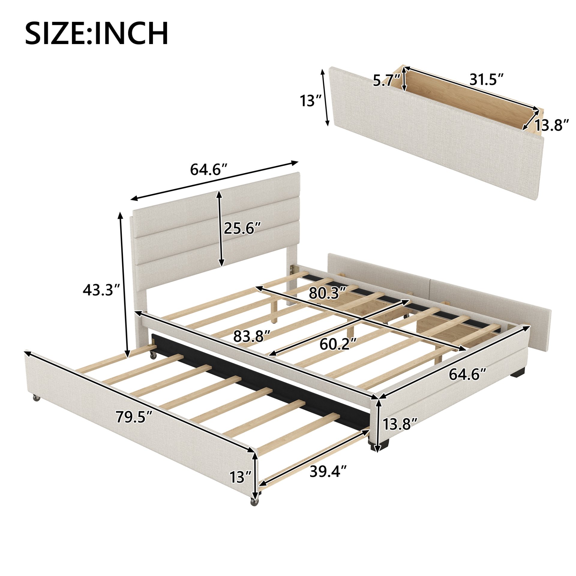 Queen Platform Bed With Twin Trundle And 2 Storage Drawers - Beige - Image 3