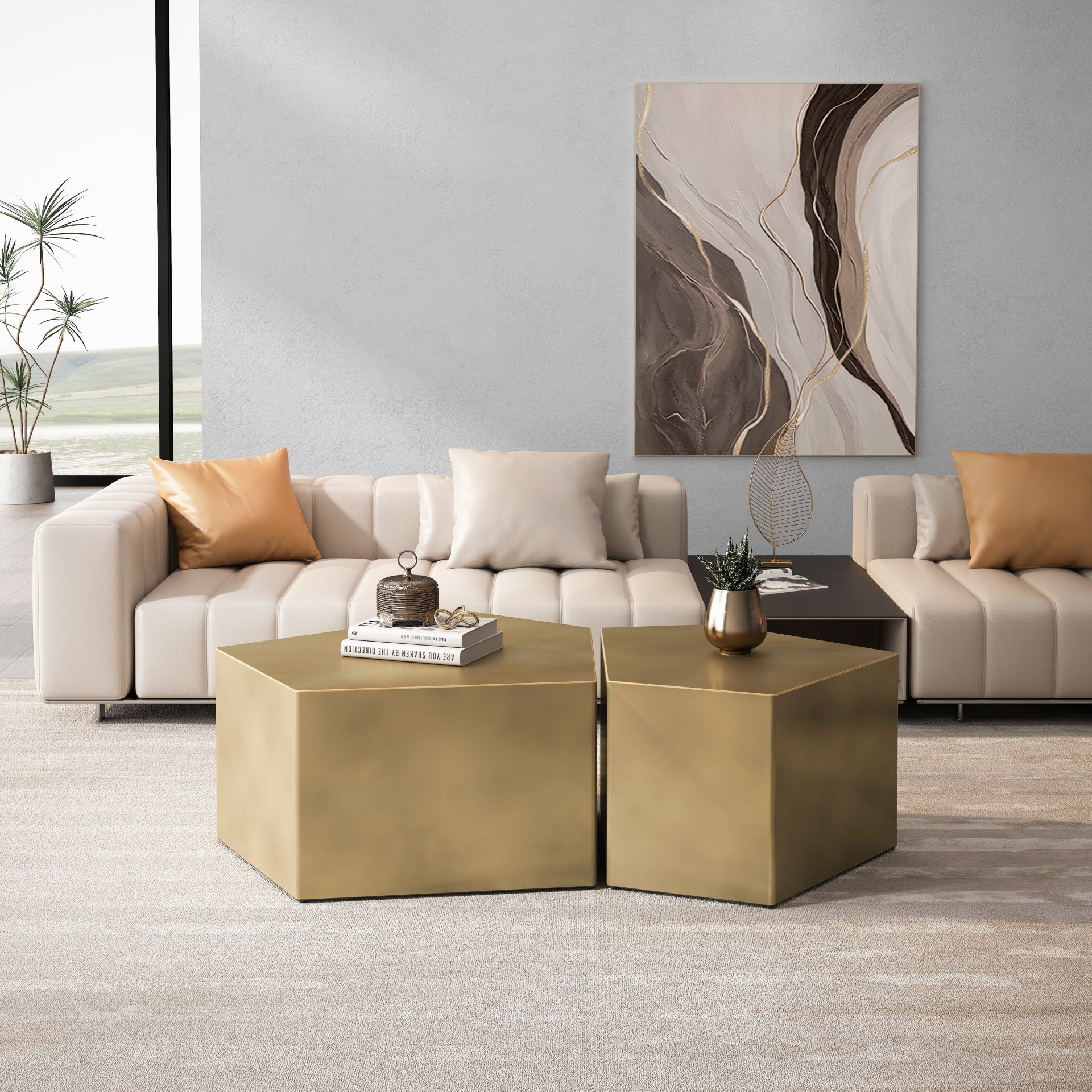 Irregular Pentagon Nesting Coffee Table Set, Geometric (Set of 2) - Antique Gold - Image 4