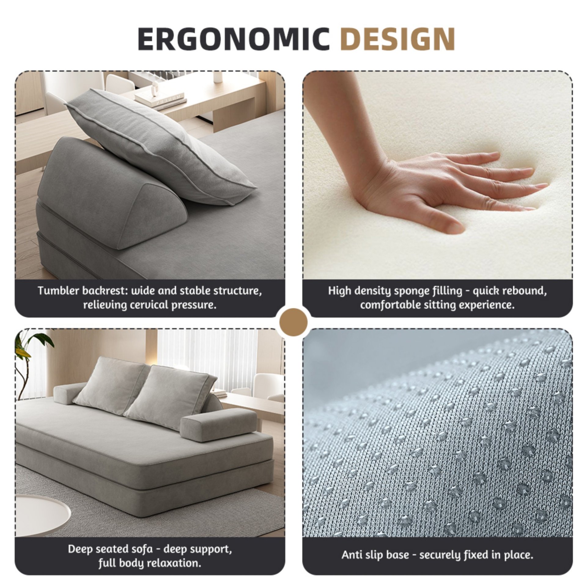 Multifunctional Convertible Sofa Bed With 2 Tumbler Backrests And 2 Pillows, Diy Modern Upholstered Couch - Light Gray - Image 17