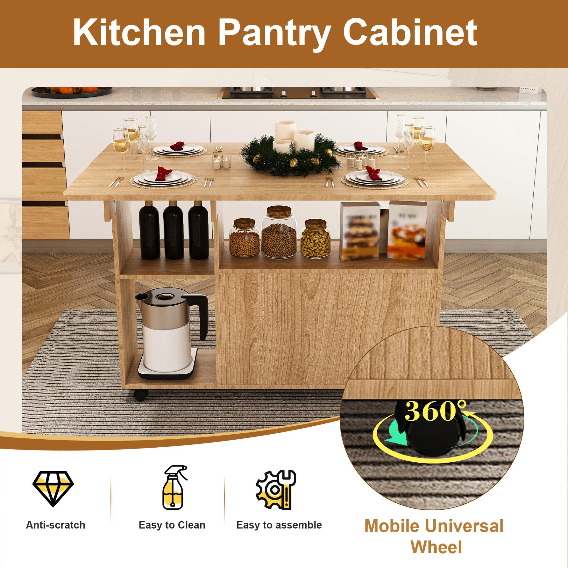 Multifunctional Folding Table With Storage Shelves And Wheels, Compact Desk For Kitchen - Walnut - Image 17