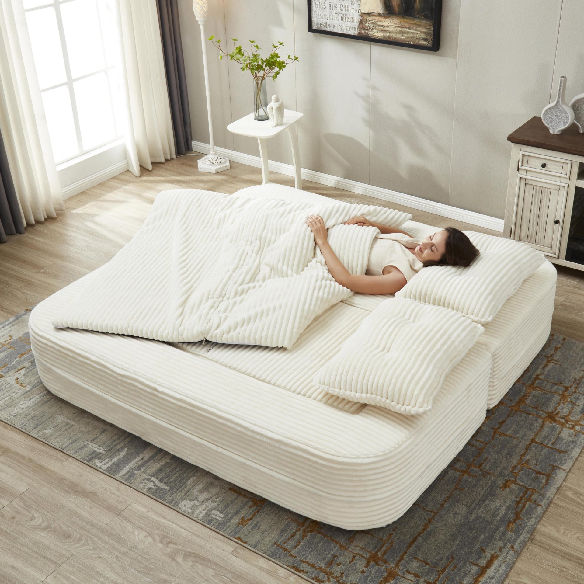Multi Functional Sectional Sofa Bed With Independent Chaise Lounge And Functional Blanket - Beige - Image 5