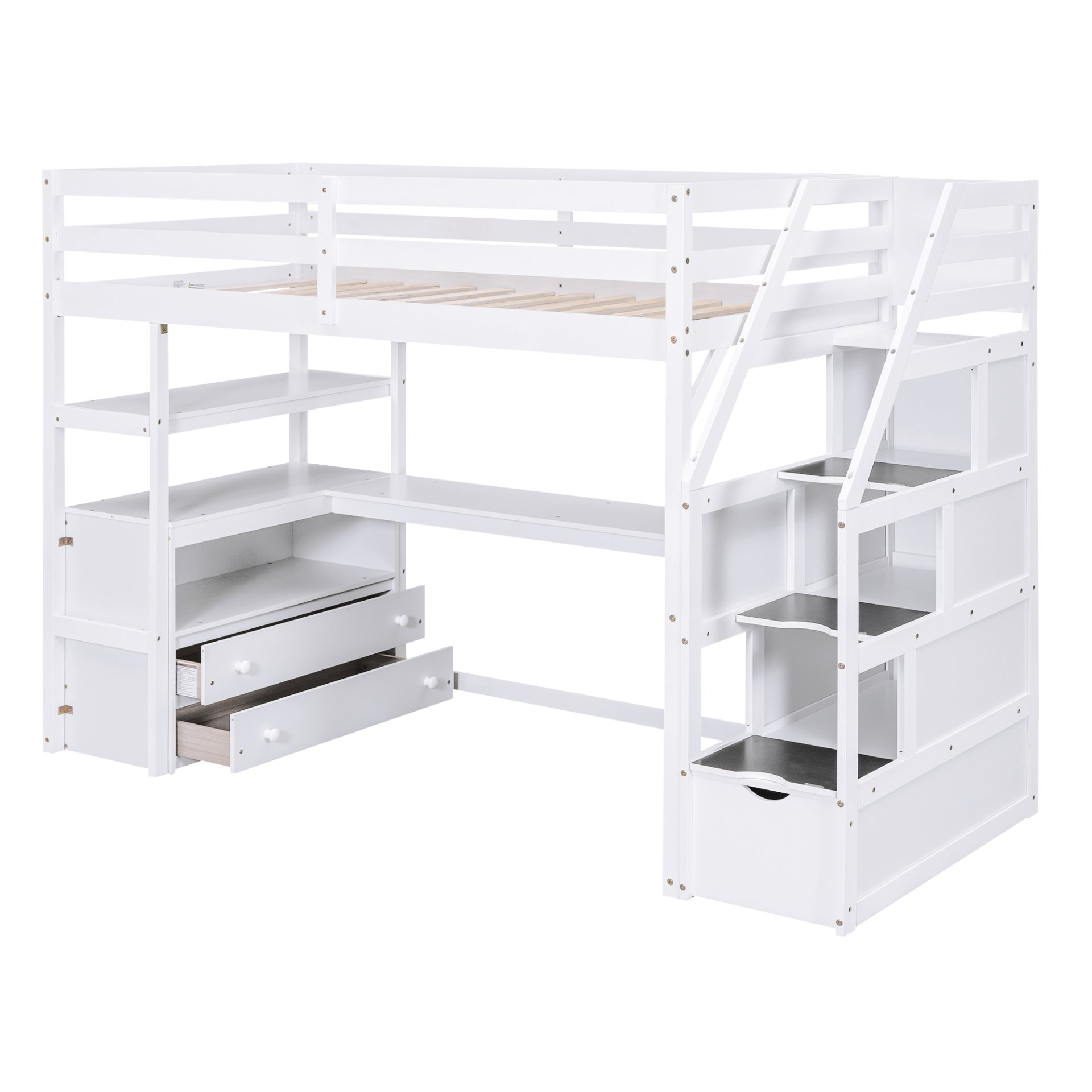 Twin Size Loft Bed With Built In Desk, Shelves, Drawers, And Storage Staircase - White - Image 10