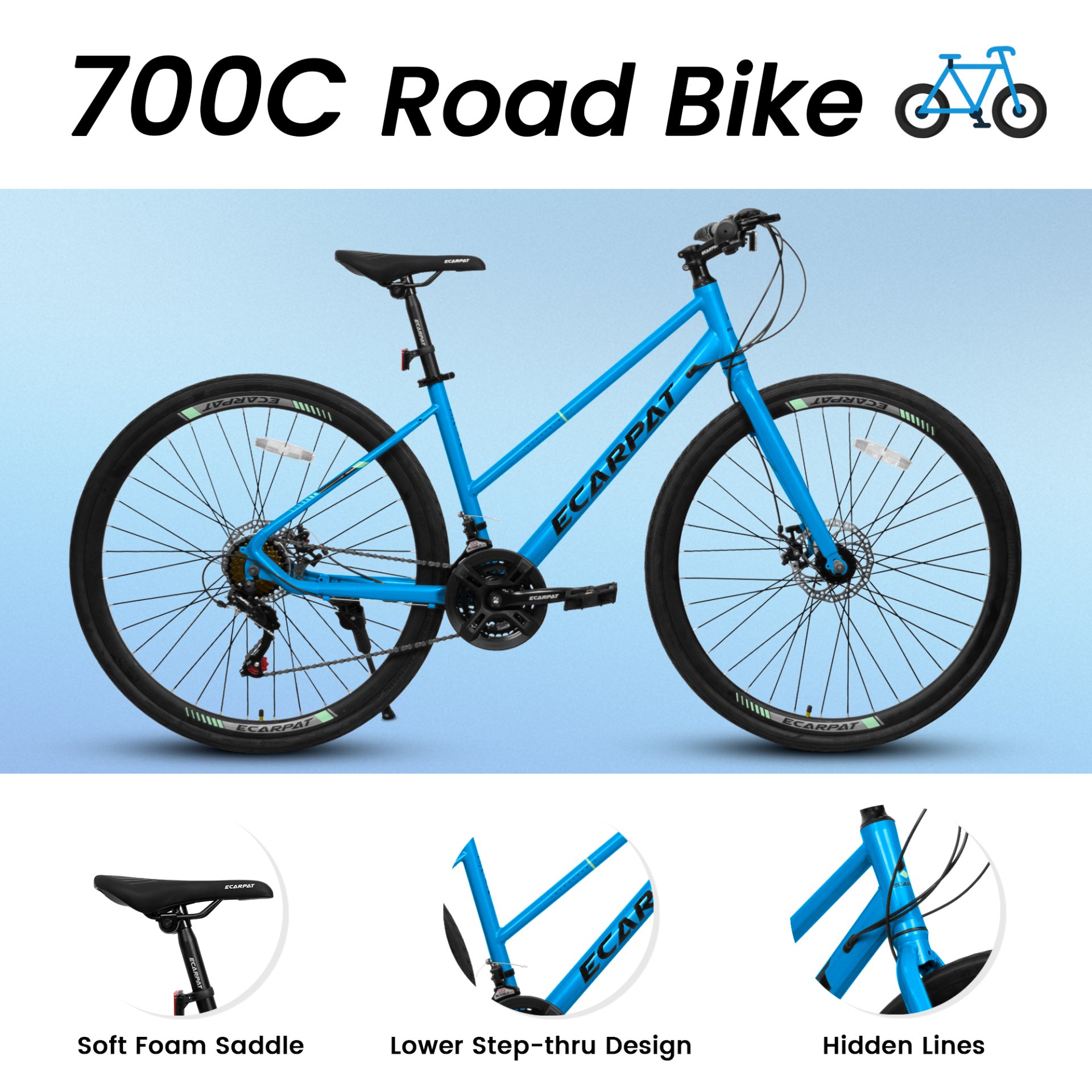 A28250 700Cx35 Road Bike With Aluminum Alloy Wheels, 21 Speed Gear System, Disc Brakes, Wide Tires, Ideal For Urban Commuting And Student Transportation - Black / Blue - Image 5