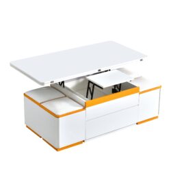Lift Top Coffee Table With 4 Storage Stools, Foldable Top - White