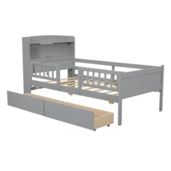 Twin Size Platform Bed With LED Light, Multi Functional Headboard, Guardrail And 2 Drawers - Gray