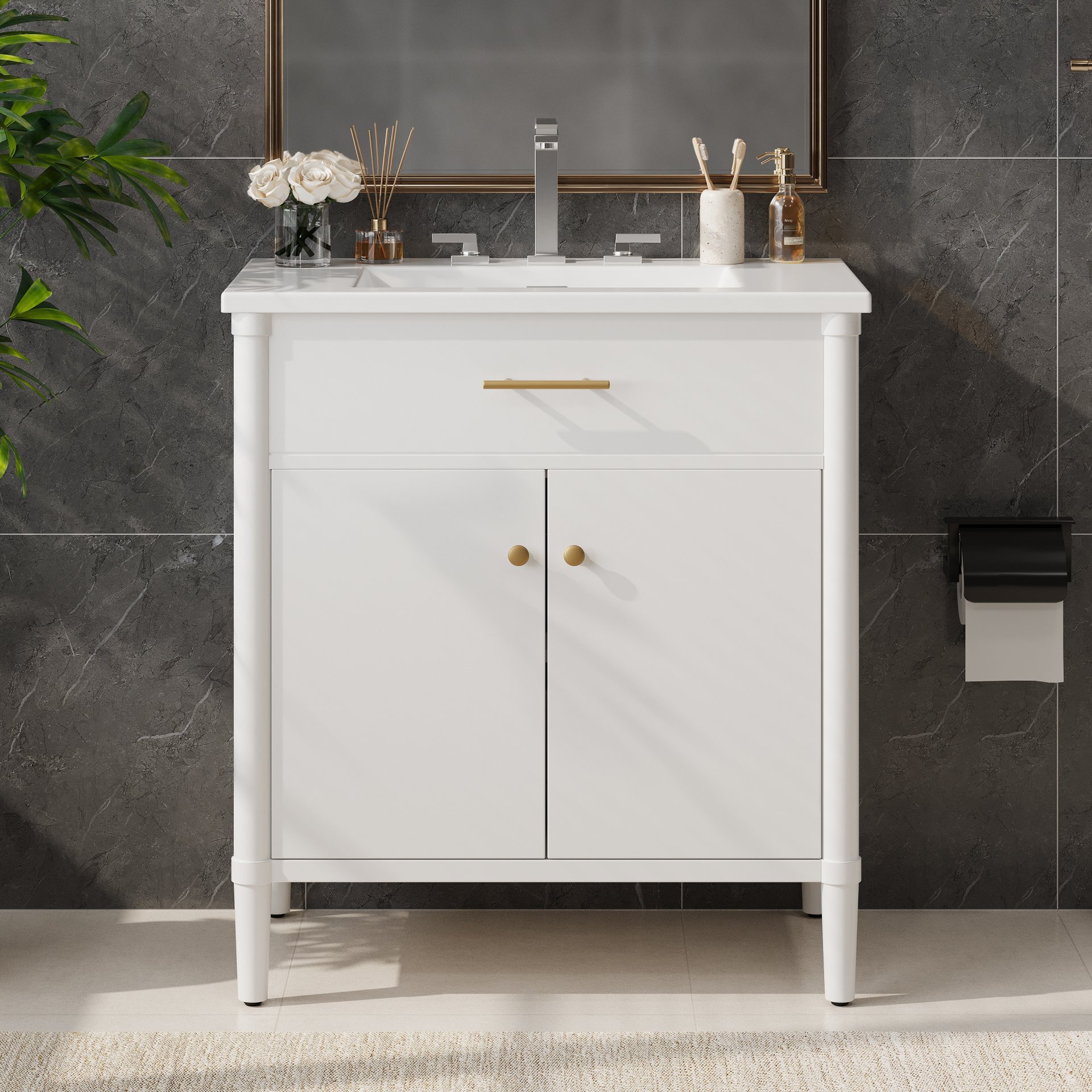 Bathroom Vanity With Sink, Soft Close Doors And Adjustable Shelf, Curved Profile Design - White - Image 2