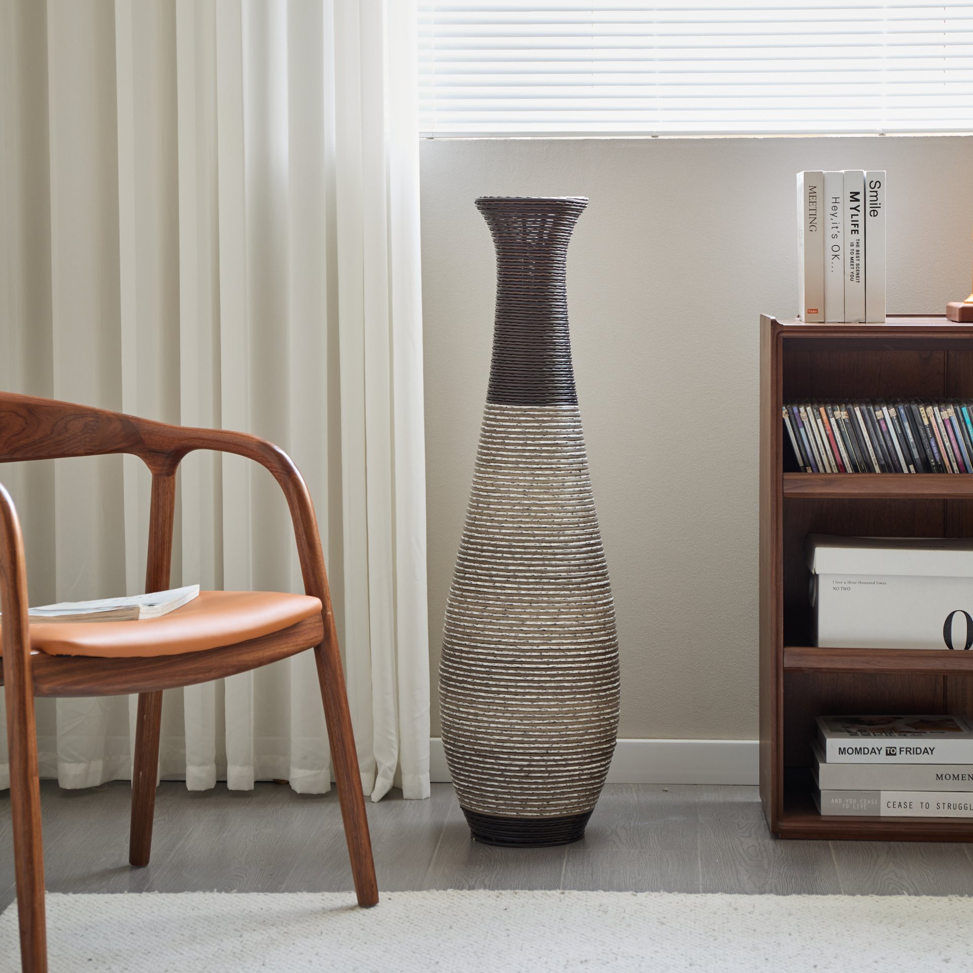 Tall Standing Designer Floor Vase Durable Artificial Rattan Elegant 2 Tone Finish Ideal Decor Accent For Living Room, Bedroom, Entryway Stylish Home Decor Statement Piece - Black / Gray - Image 10