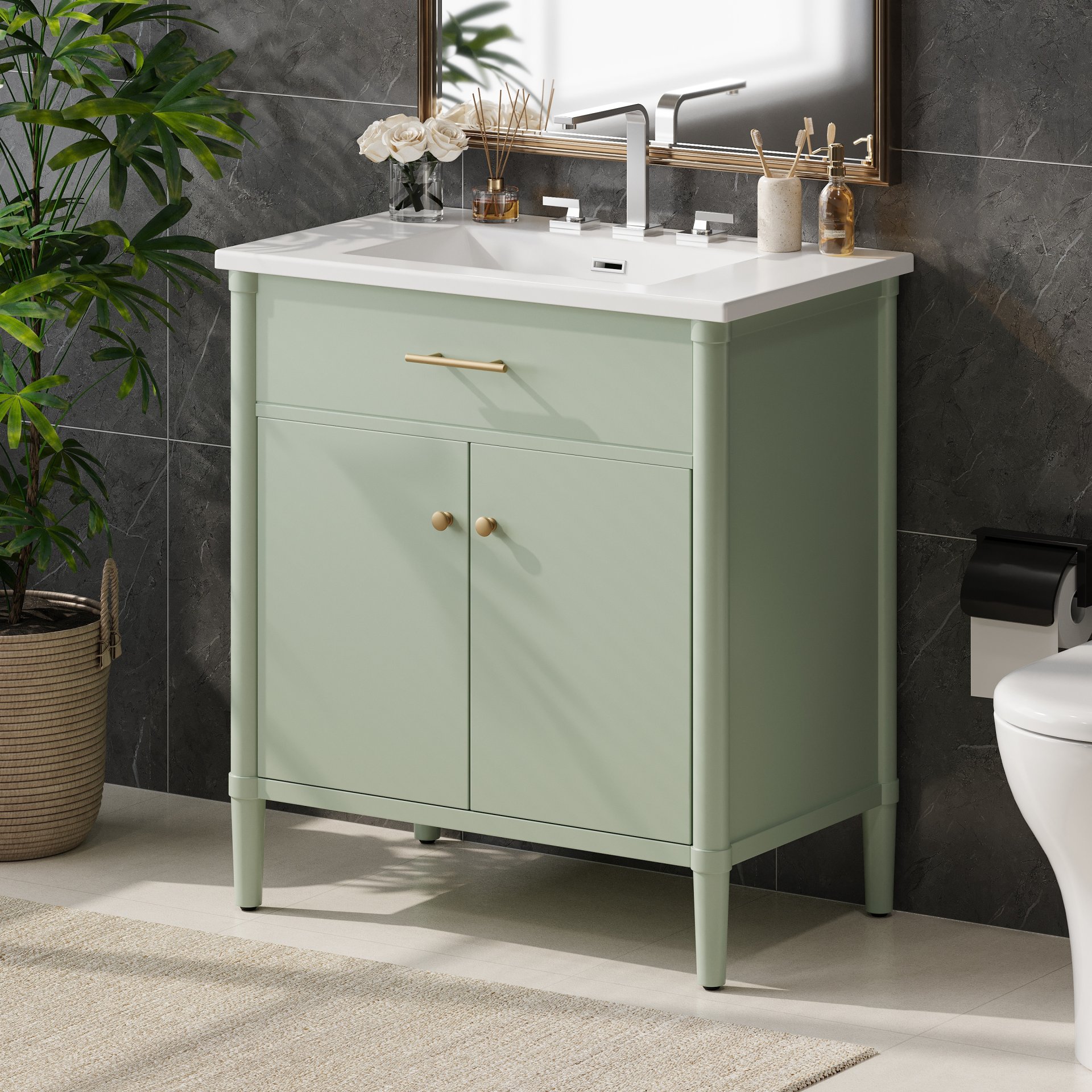 Bathroom Vanity With Sink, Soft Close Doors And Adjustable Shelf, Curved Profile Design - Green - Image 4